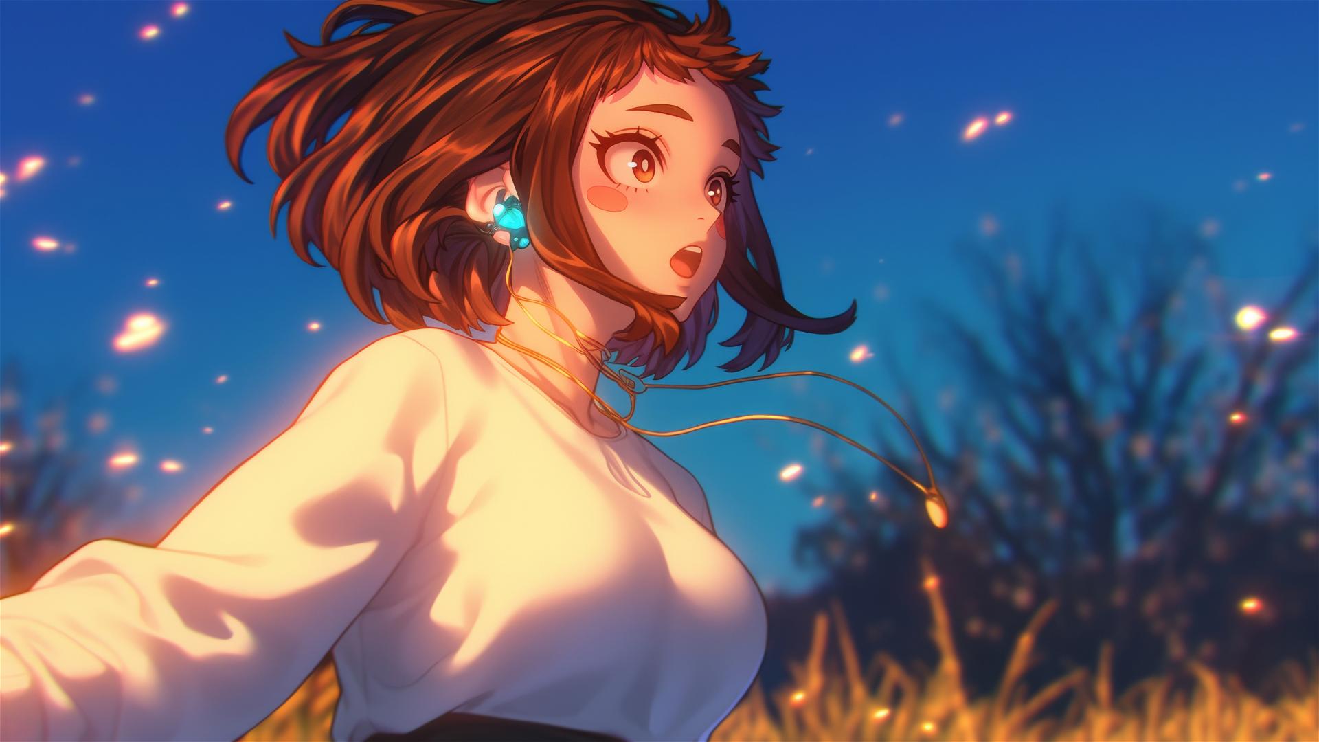 Ochaco Uraraka from My Hero Academia running in a modern park at sunrise