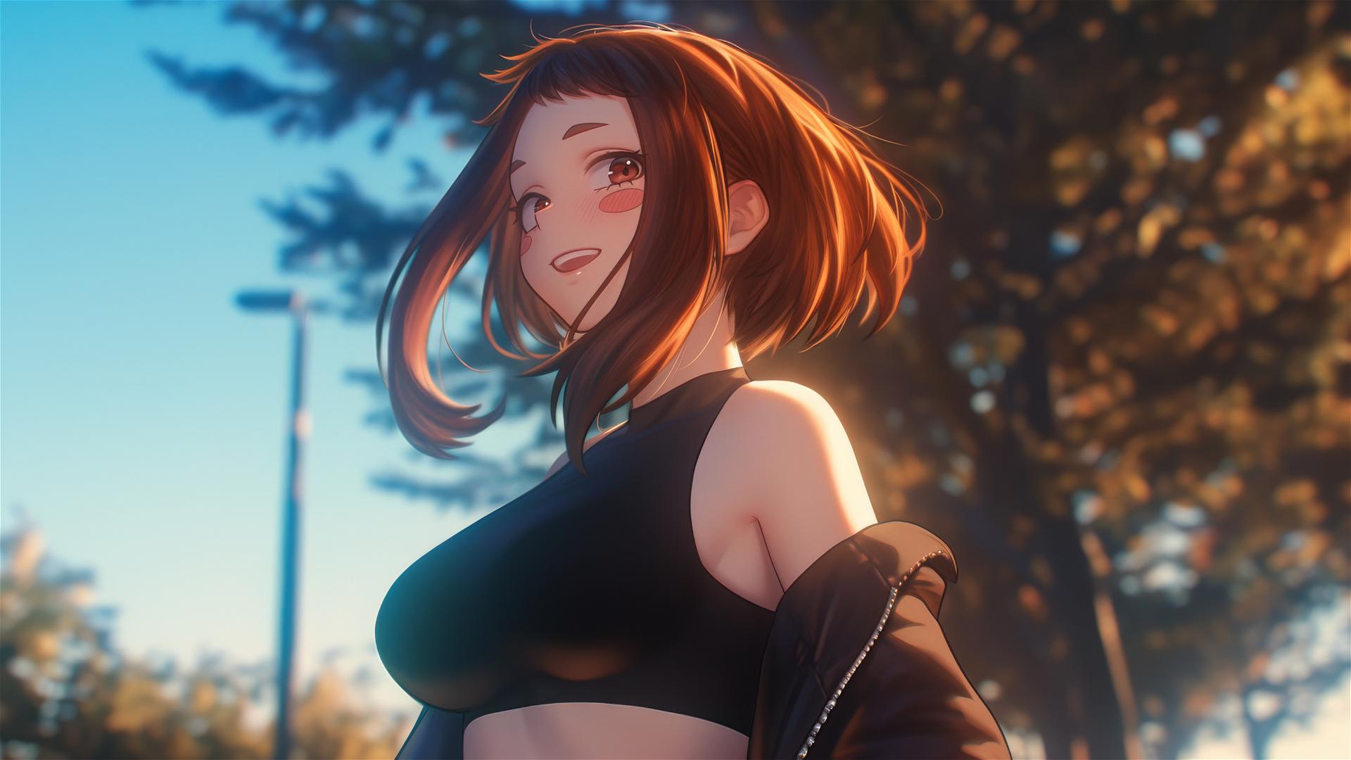 Ochaco Uraraka running in a quiet modern park at sunrise with warm light.
