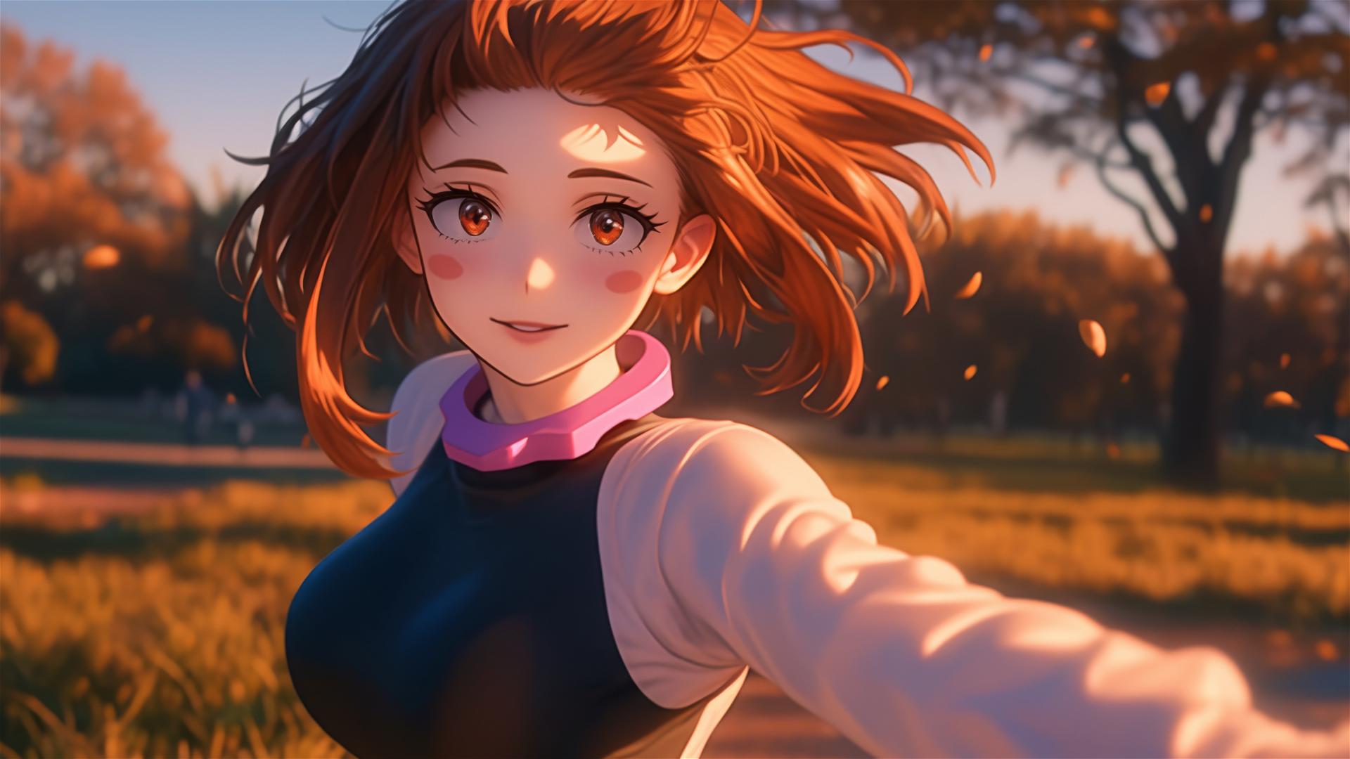 Ochaco Uraraka running at sunrise in a quiet modern park