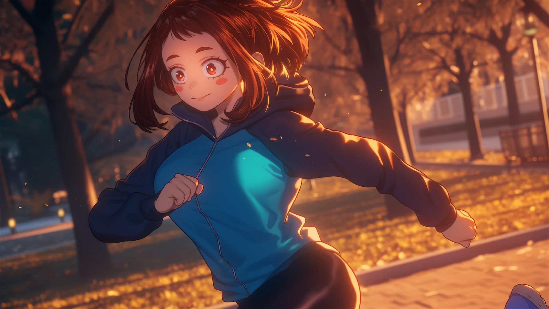 Ochaco Uraraka running in a quiet modern park at sunrise, with a warm glow