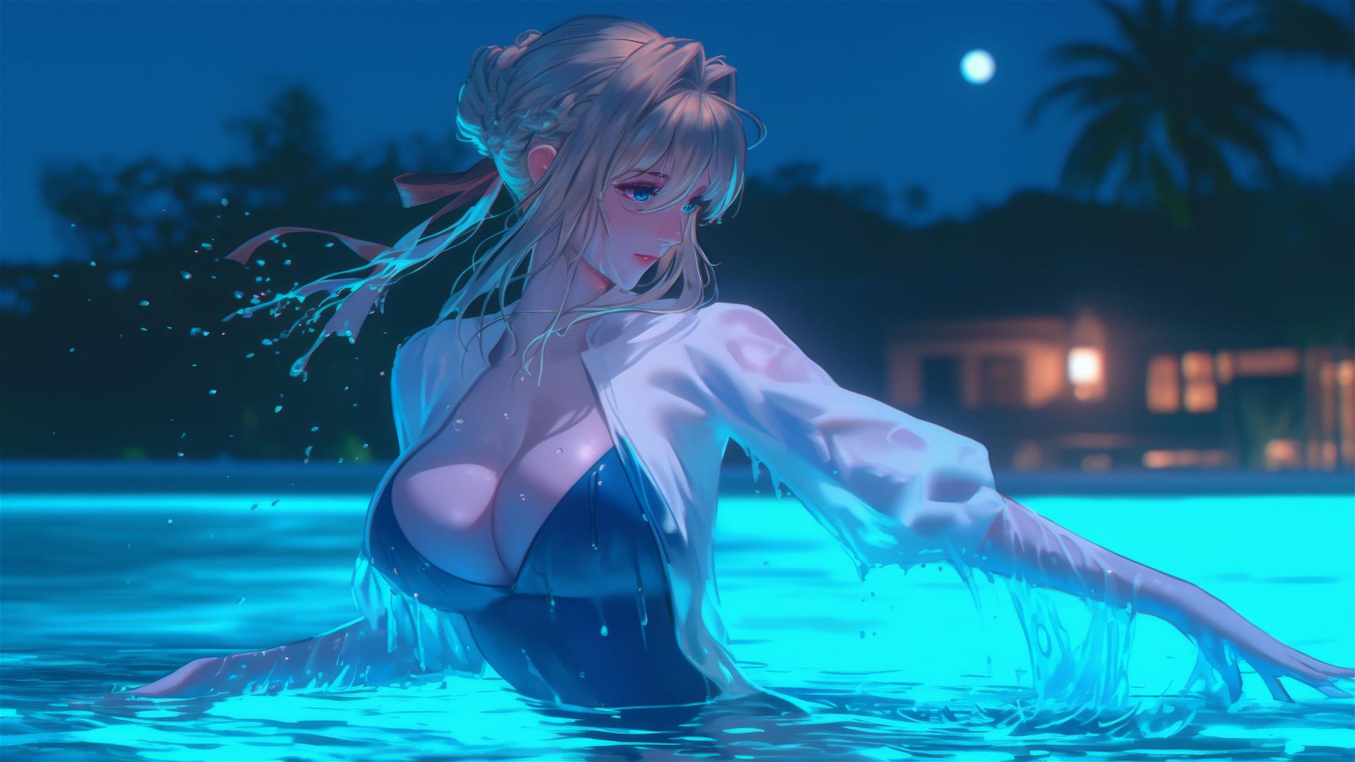 Violet Evergarden jumping out of a moonlit swimming pool