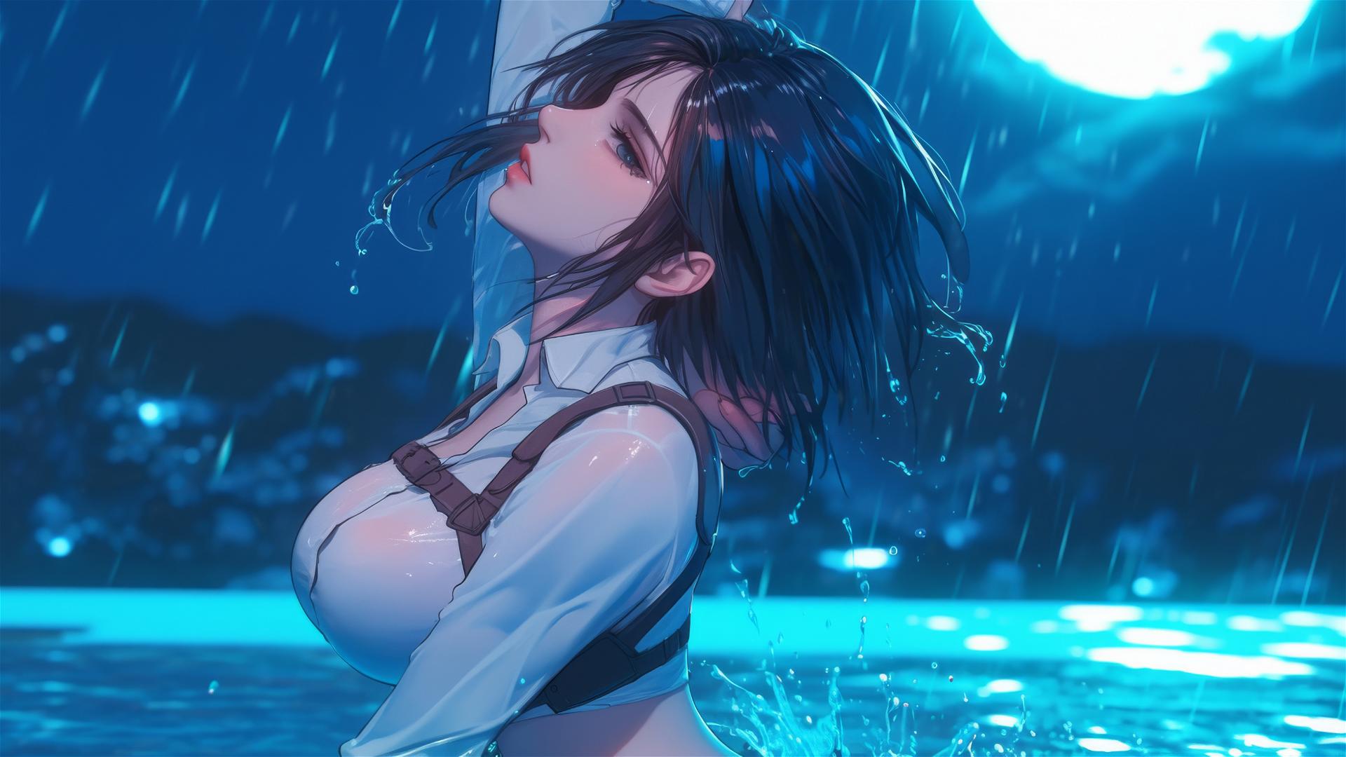 Mikasa Ackerman exiting a rainy pool under moonlight with short hair