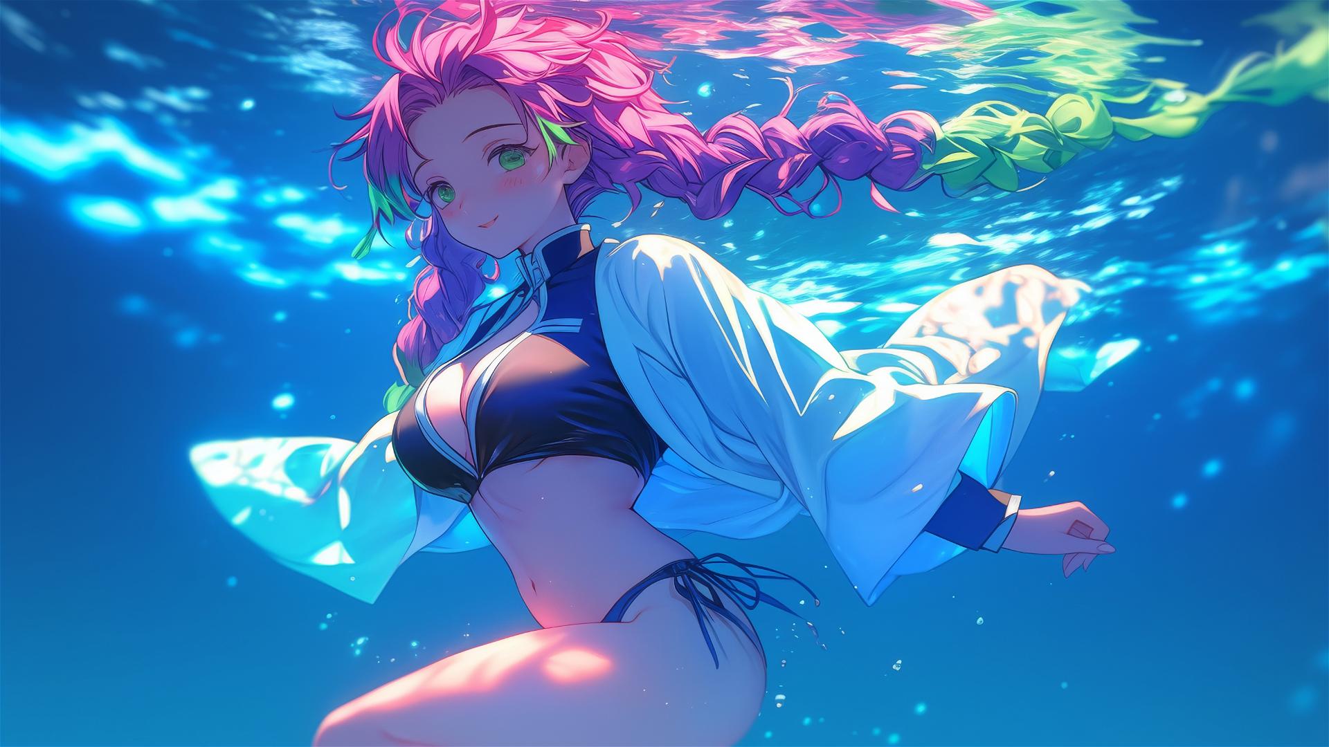 Mitsuri Kanroji from Demon Slayer, jumping out of a swimming pool under moonlight, with light pink to lime green hair.