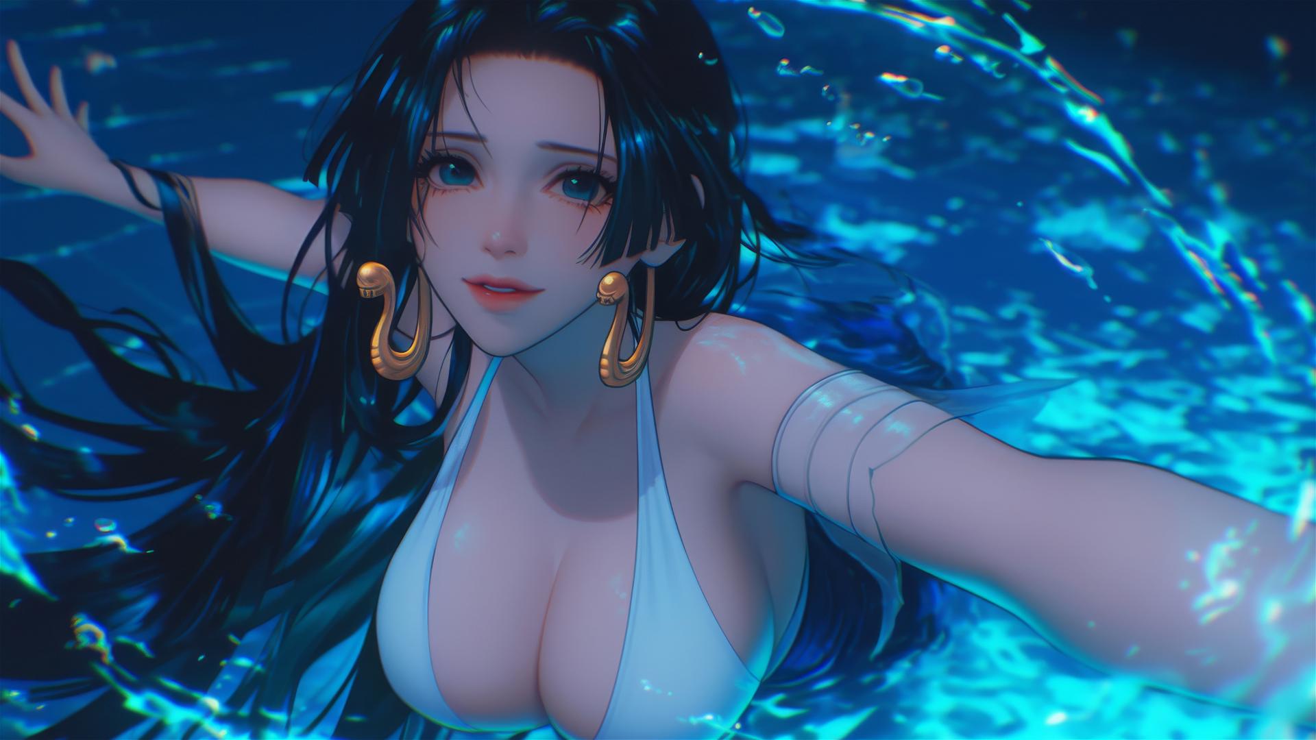 Boa Hancock from One Piece jumping out of a pool under moonlight