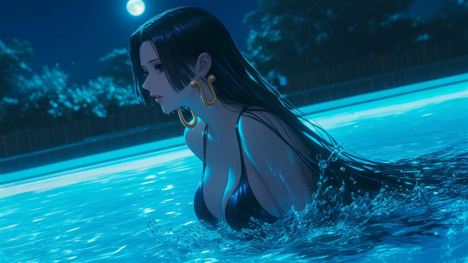 Boa Hancock jumps from a pool under moonlight