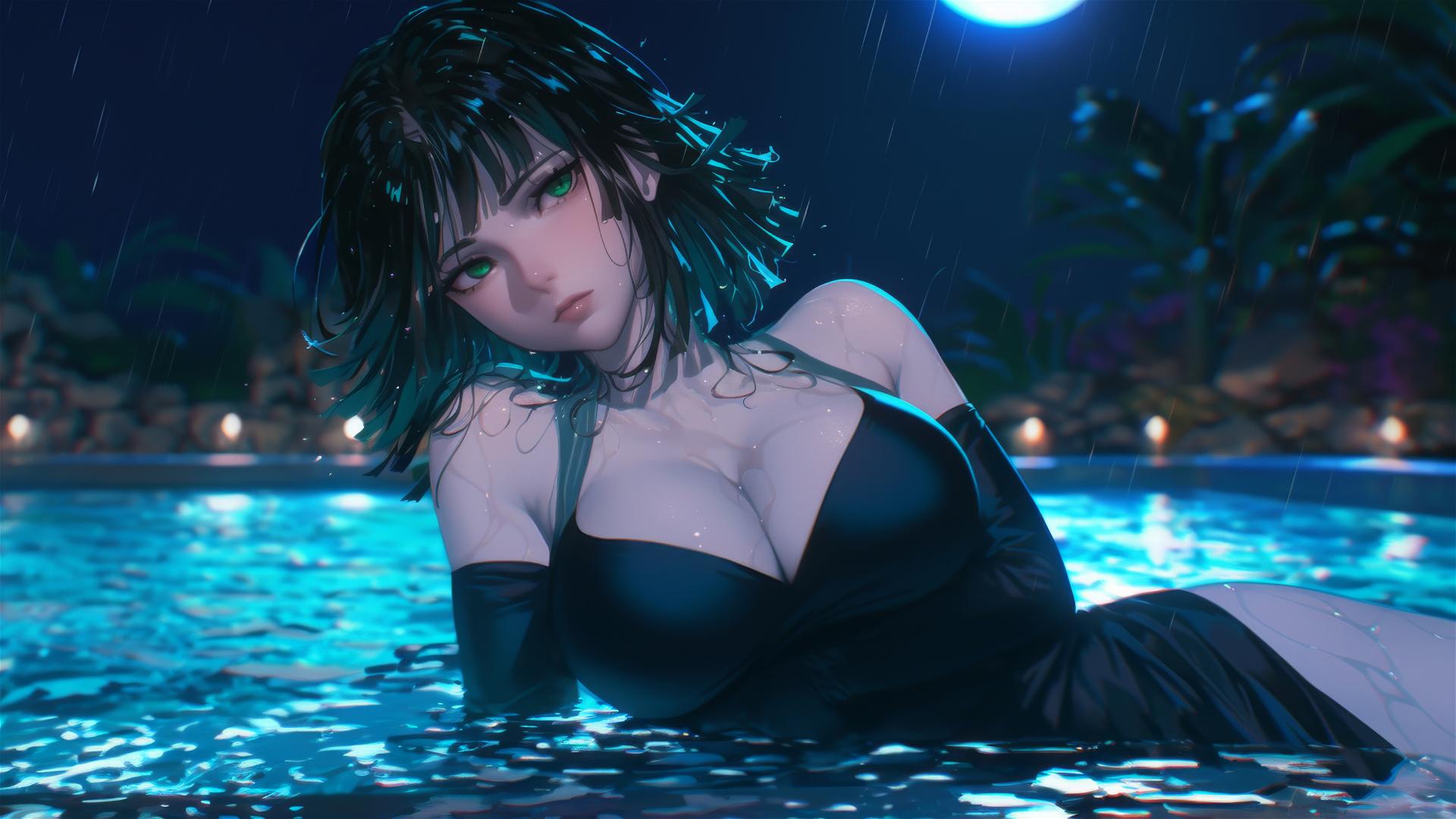 Fubuki from One Punch Man resting at a rainy swimming pool under moonlight.