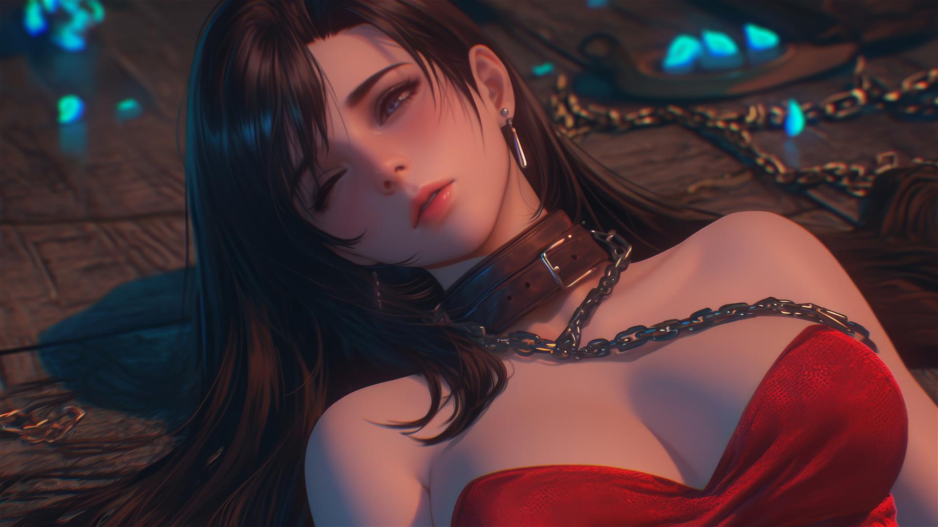 Tifa Lockhart in a modern hotel room, neck chained, warm lighting