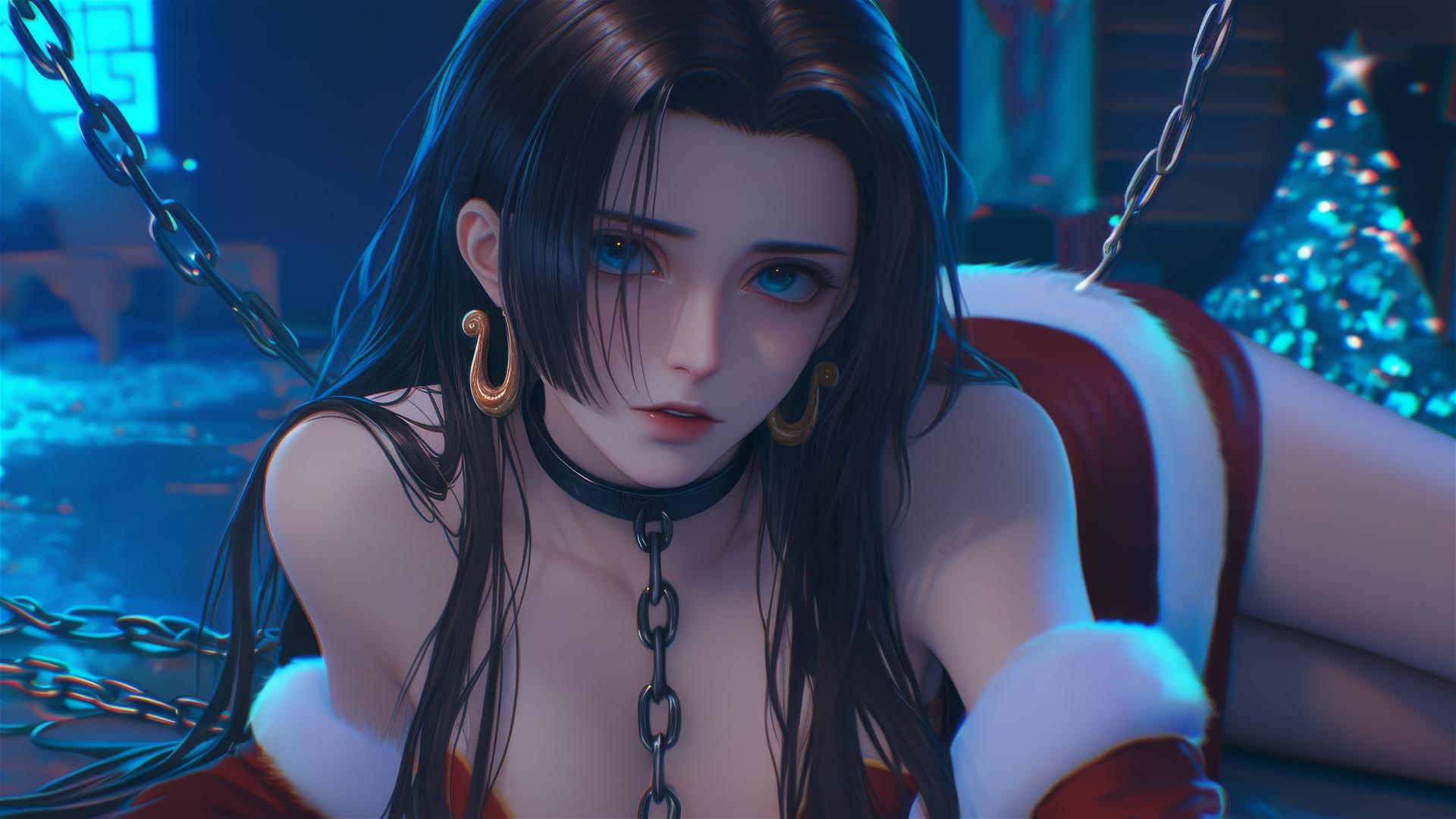 Boa Hancock in Christmas attire with neon glow and chains, high contrast
