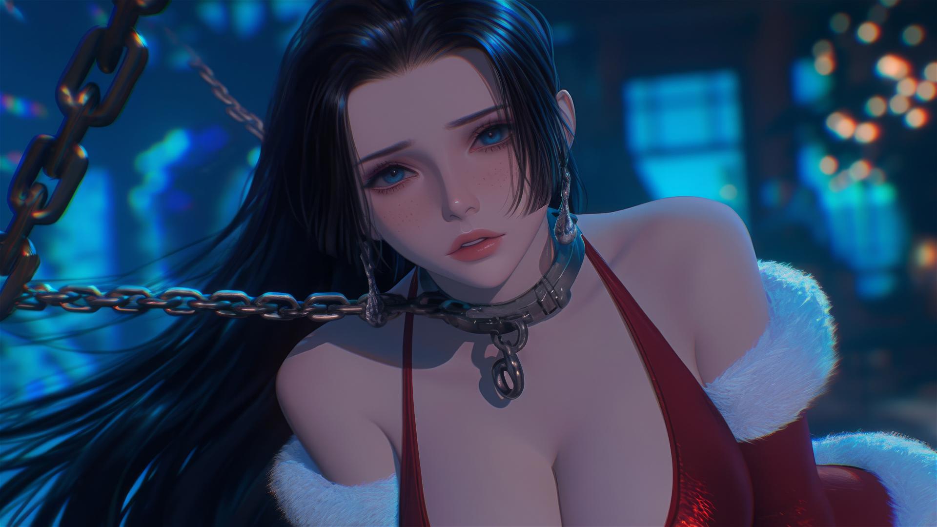 Boa Hancock in Christmas costume with iron chains in neon-lit hotel room
