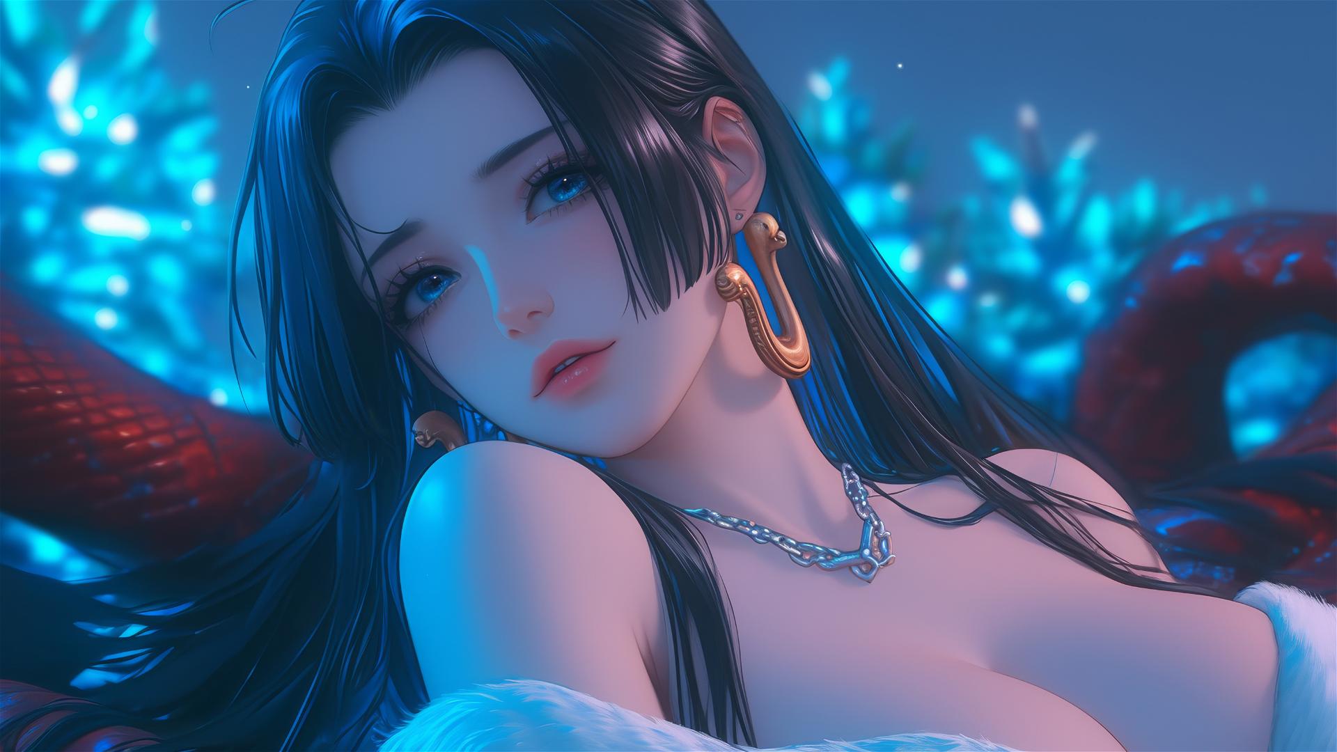 Boa Hancock from One Piece in Christmas costume, chained in modern hotel room with neon lights