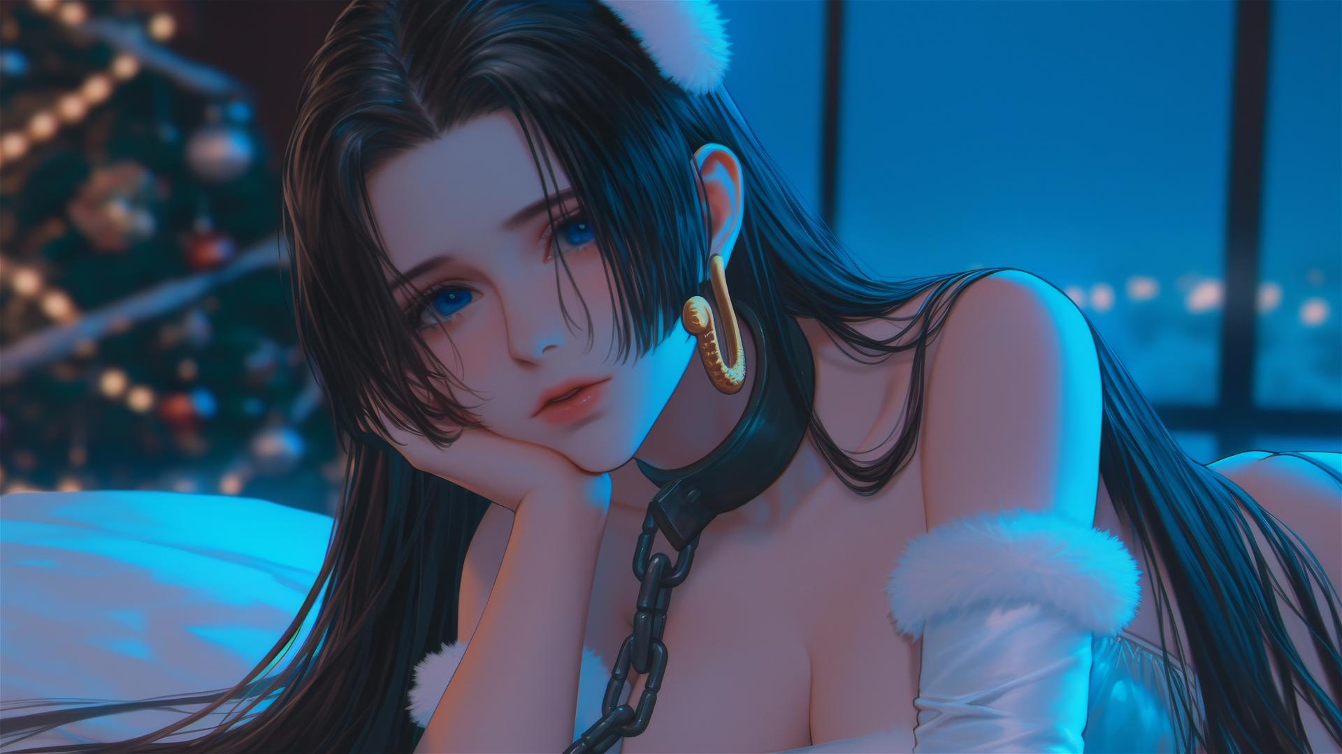 Boa Hancock from One Piece in a Christmas costume, chained, neon-lit hotel room
