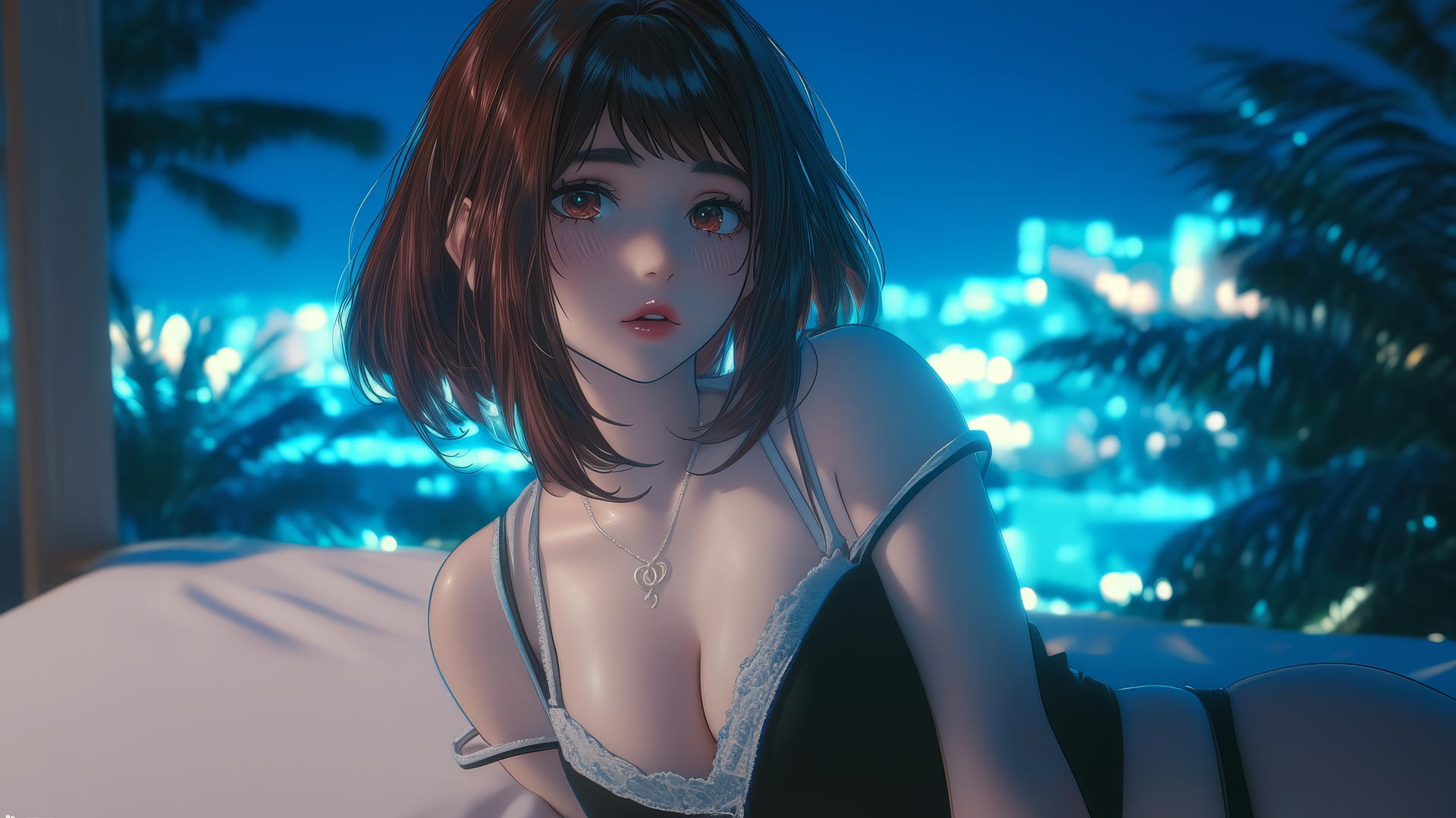 Ochaco Uraraka in a modern hotel room with neon light glow