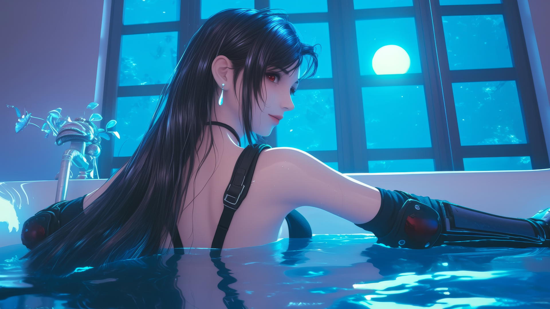 Tifa Lockhart from behind at a modern apartment tub, warm light glow