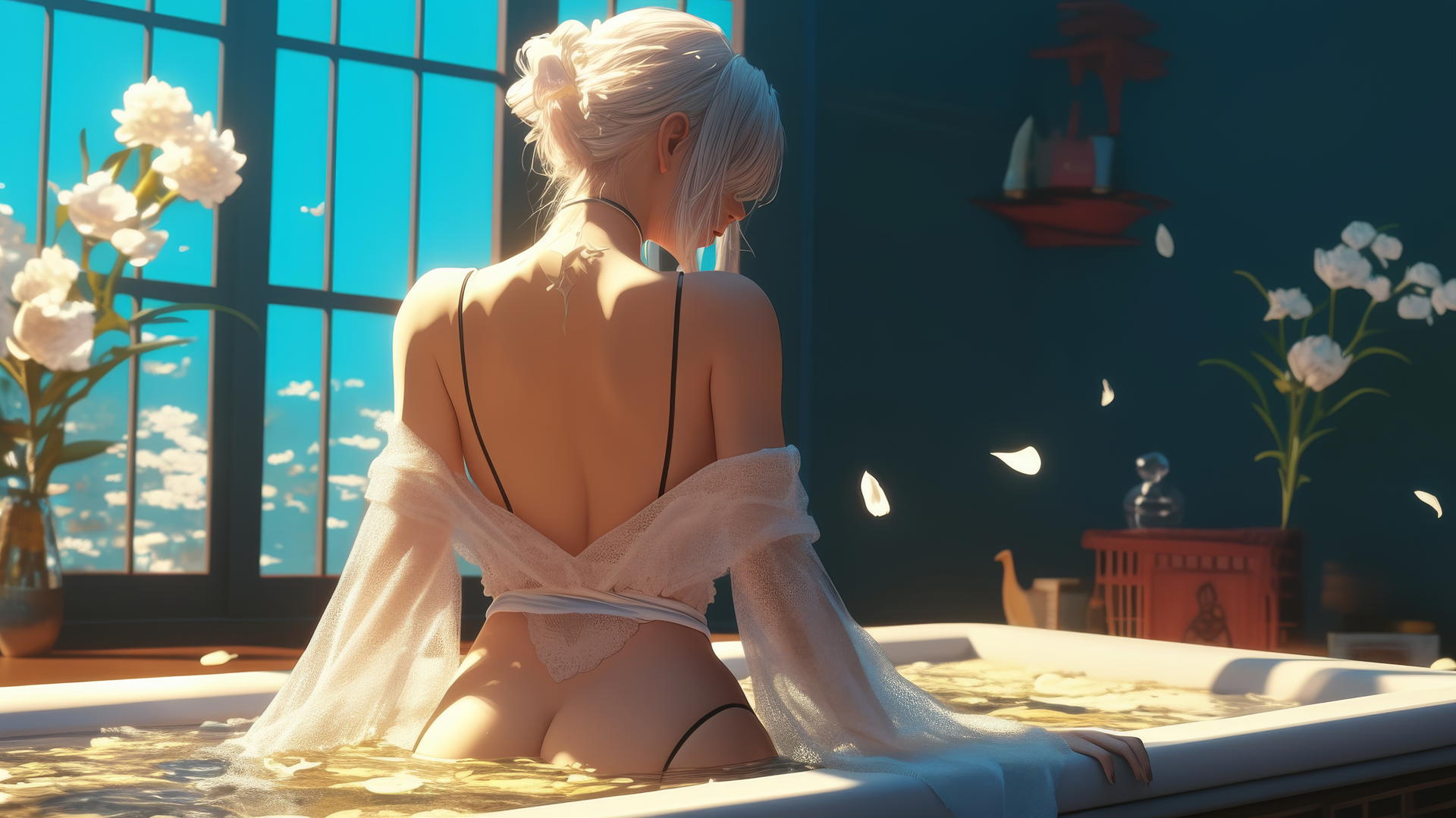2B from Nier in white, standing by a bathtub in a modern apartment, warm light glow