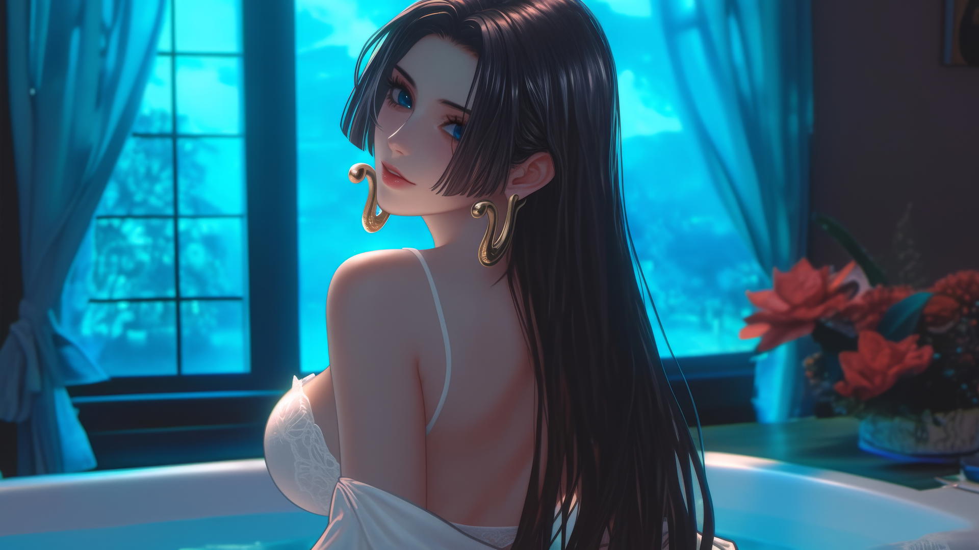 Boa Hancock from One Piece in white, in a modern apartment tub at sunrise.