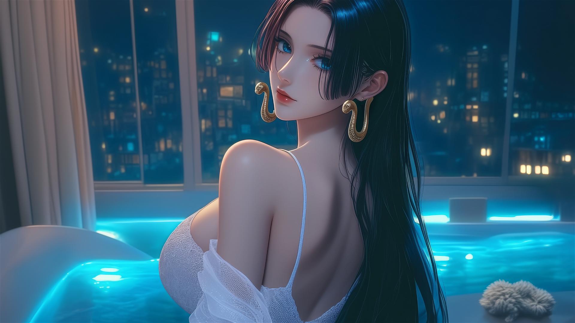 Boa Hancock from One Piece in a modern apartment, bathed in neon light at sunrise