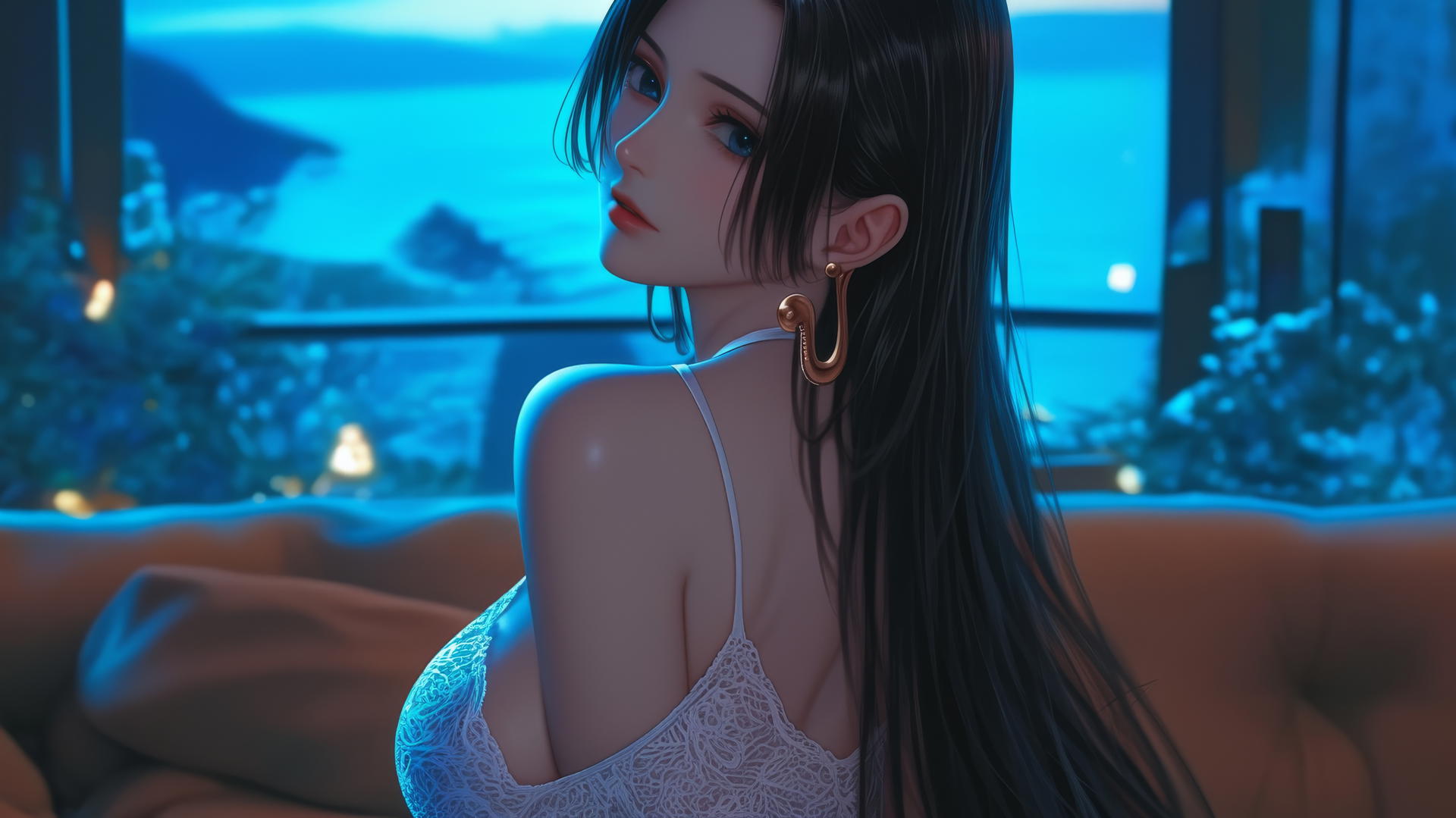 Boa Hancock from One Piece, in a white outfit, relaxing in a modern hotel room with neon lighting.