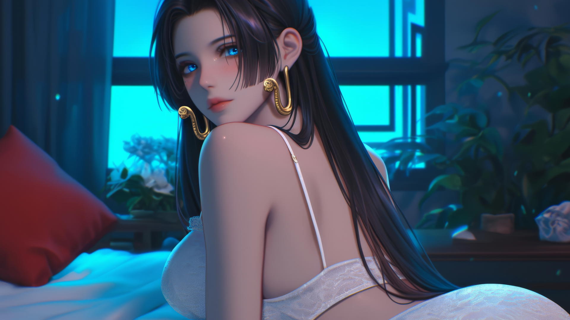 Boa Hancock from One Piece resting in a modern hotel room with neon light.
