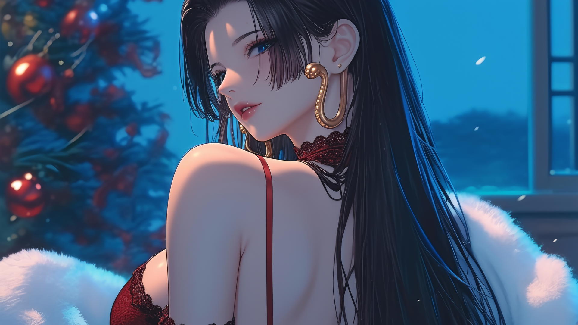 Boa Hancock from One Piece in red Christmas outfit in modern hotel room with neon light