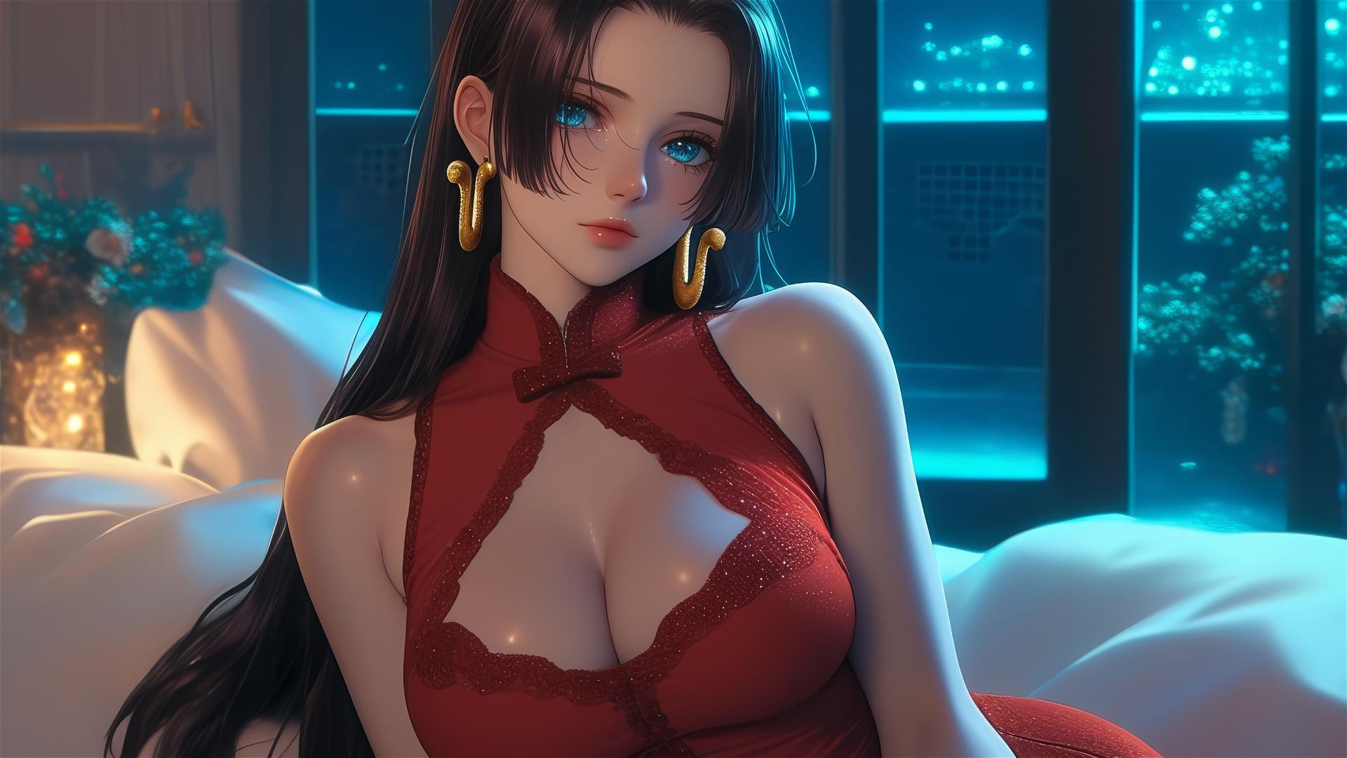 Boa Hancock in a modern Christmas-themed hotel room with neon lights