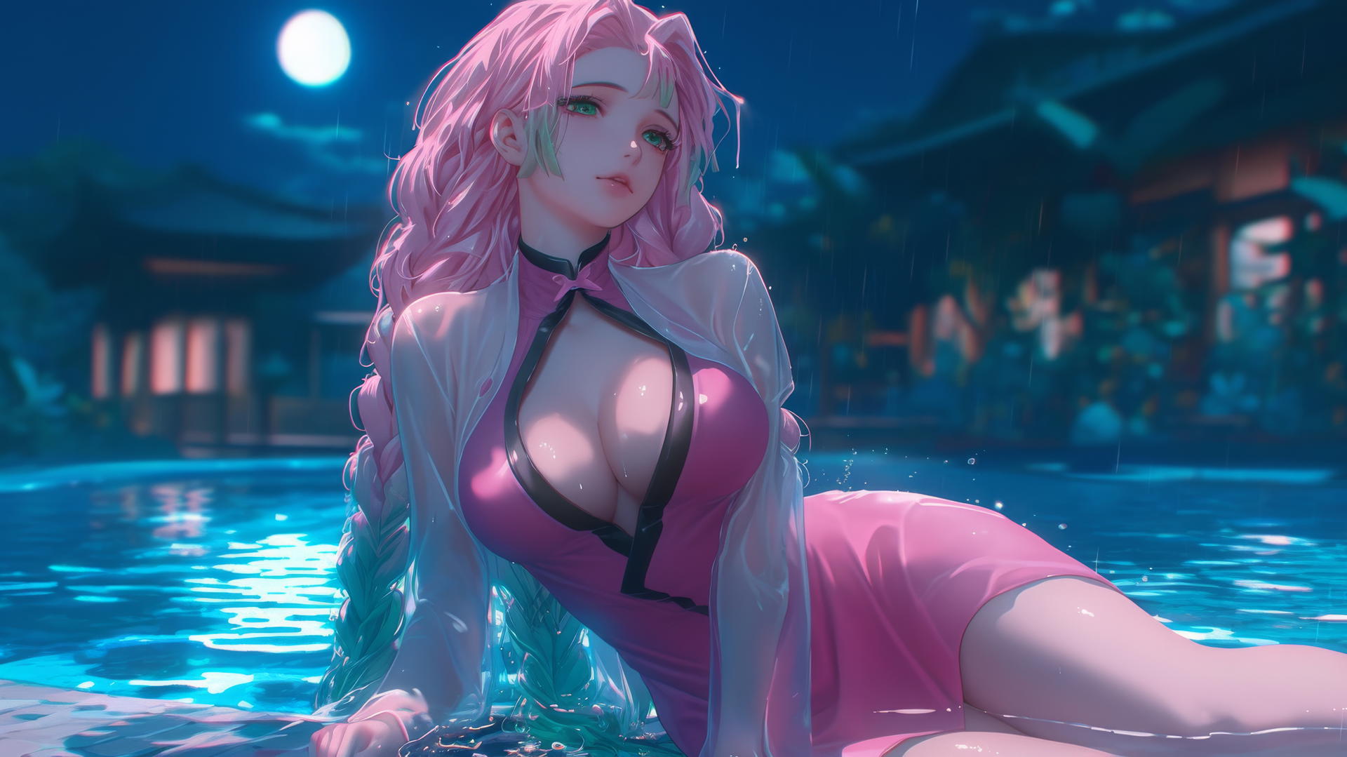 Mitsuri Kanroji from Demon Slayer resting by a rainy pool under moonlight in a pink dress.