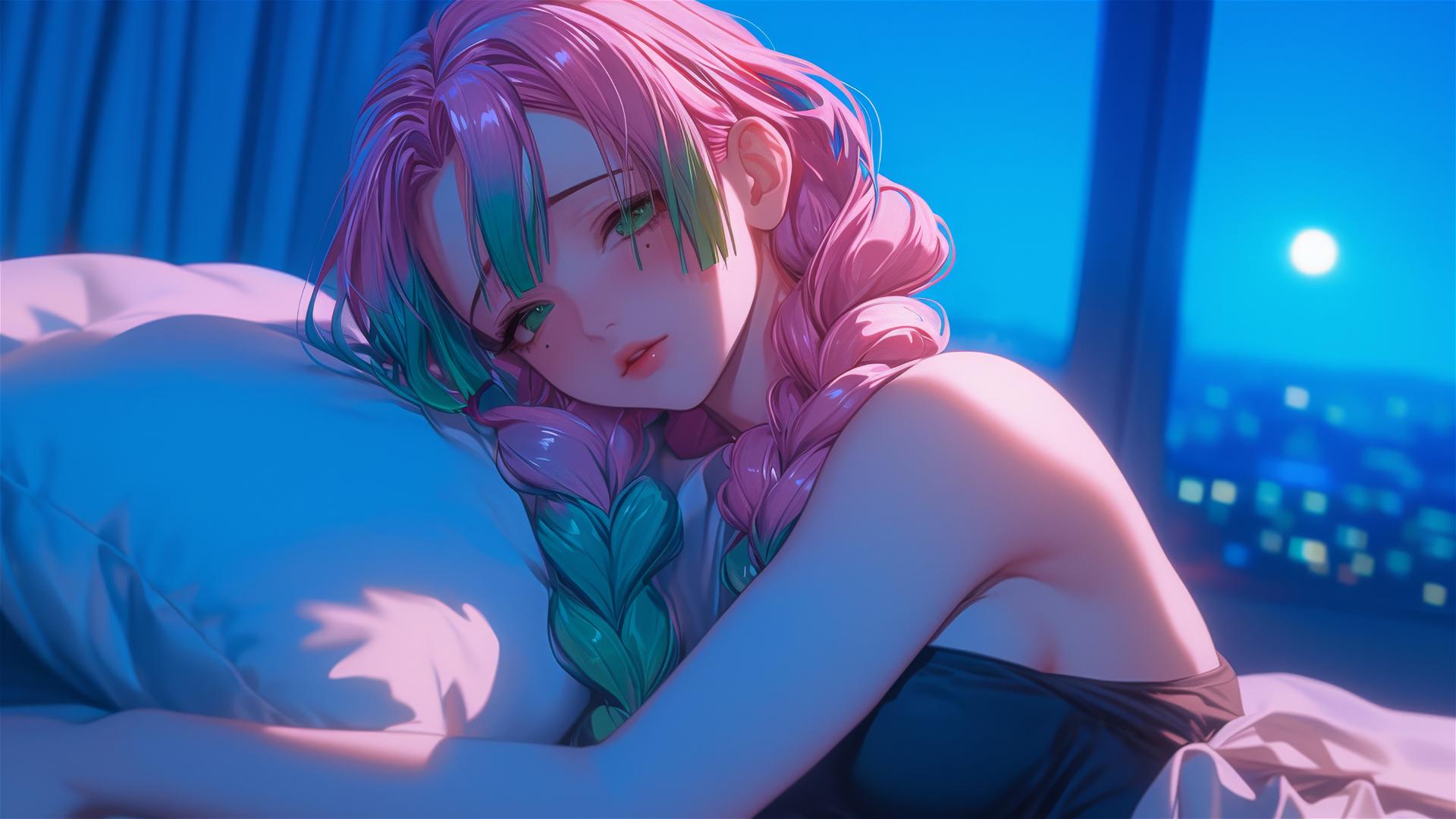 Mitsuri Kanroji from Demon Slayer resting in a modern hotel room with moonlight glow