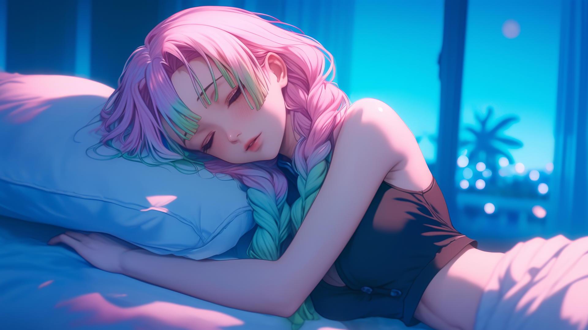 Mitsuri Kanroji from Demon Slayer relaxing in a moonlit modern hotel room