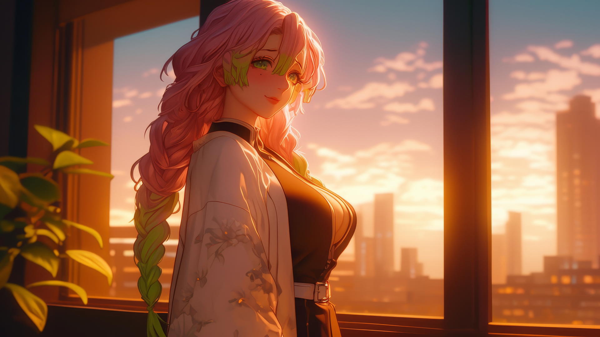 Mitsuri Kanroji standing by a modern apartment window at sunrise with warm light