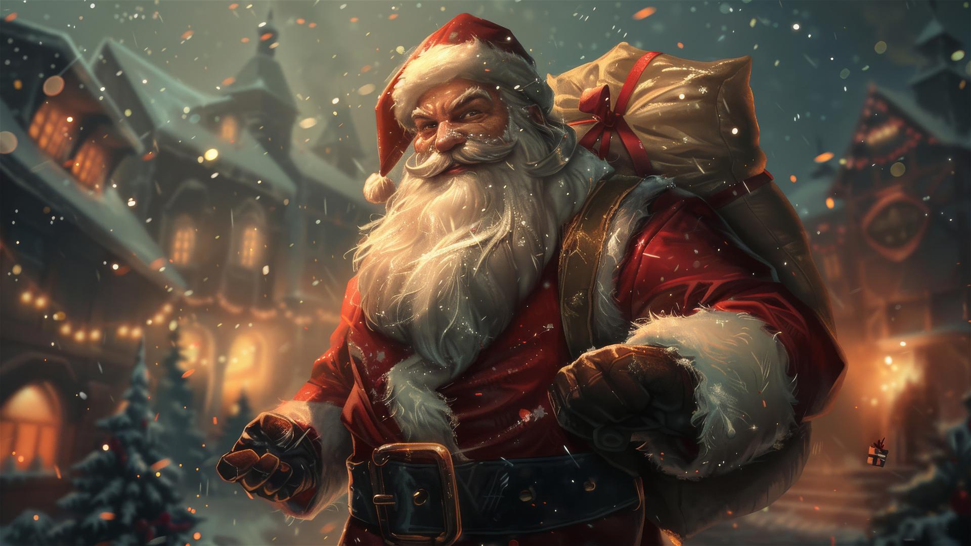 Kind Santa Claus holding a bag of gifts, 2D art in League of Legends style.