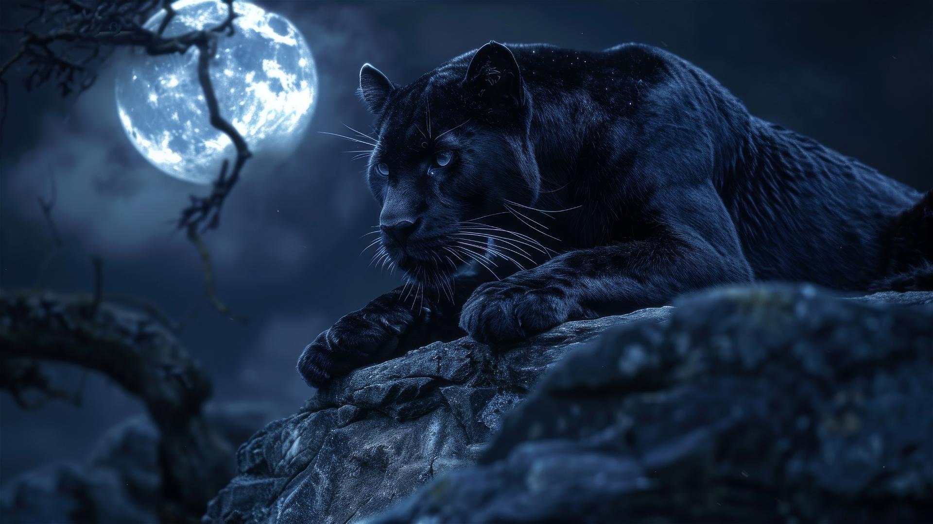 Black panther on a ledge under moonlight with glossy fur and intense eyes