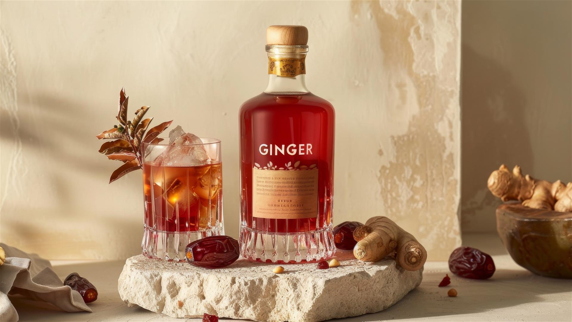 Brandy bottle labeled 'GINGER' with cocktail and dried fruits