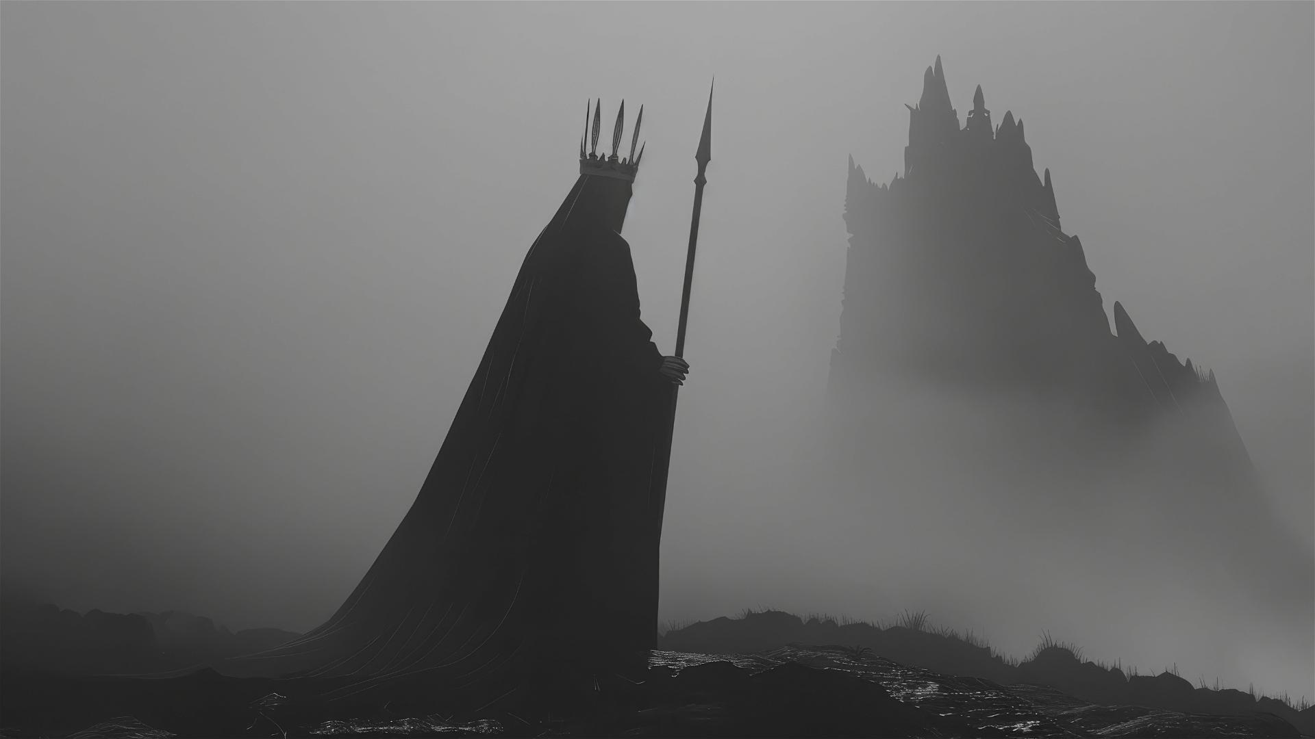 Haunting woman with crown and spear in grayscale tones with foggy background