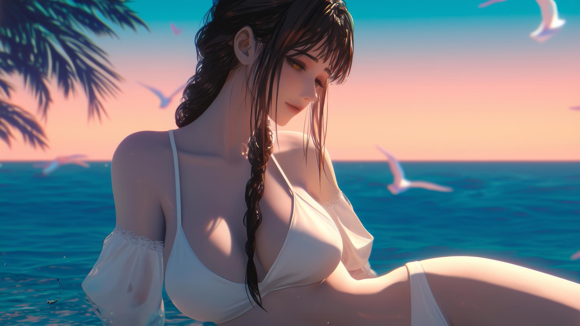 Makima from Chainsaw Man resting at sea at romantic sunset with neon pink sky