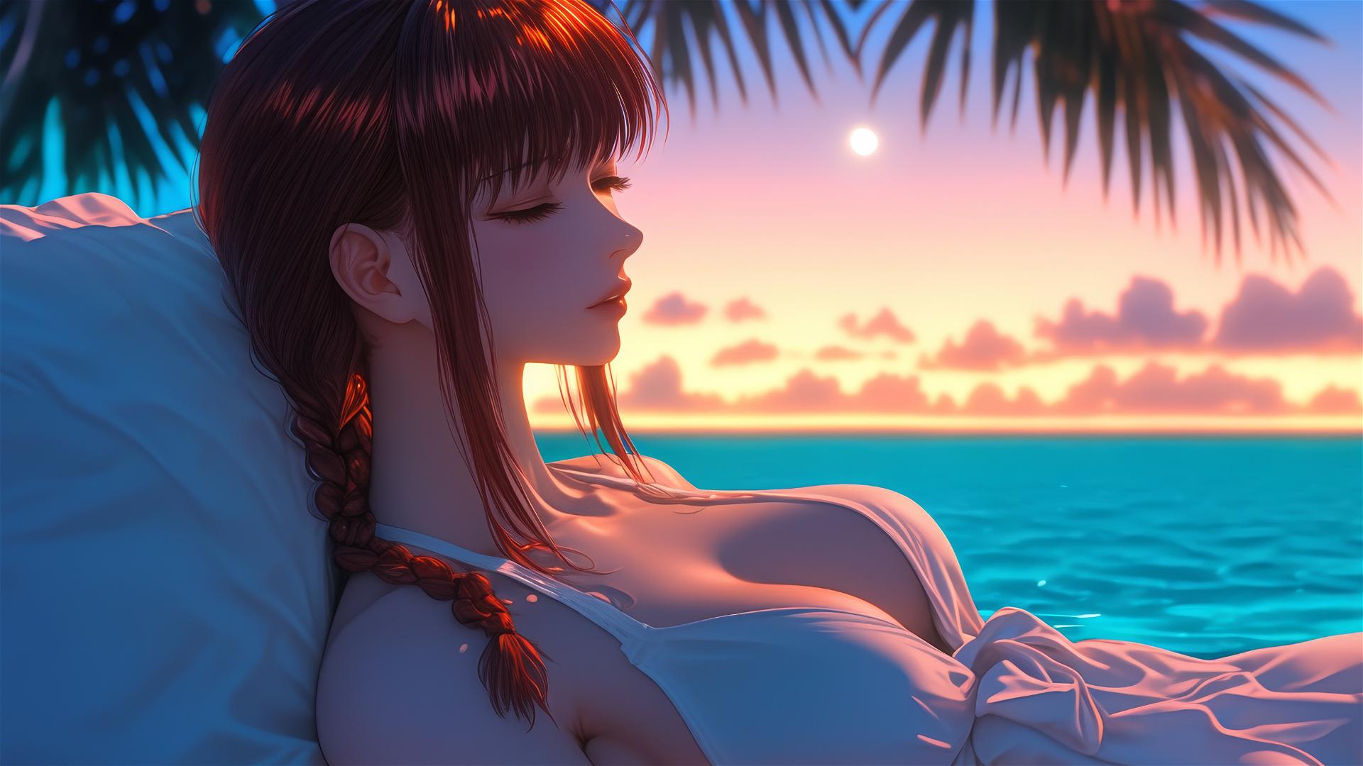 Makima resting at sea during a neon pink sunset