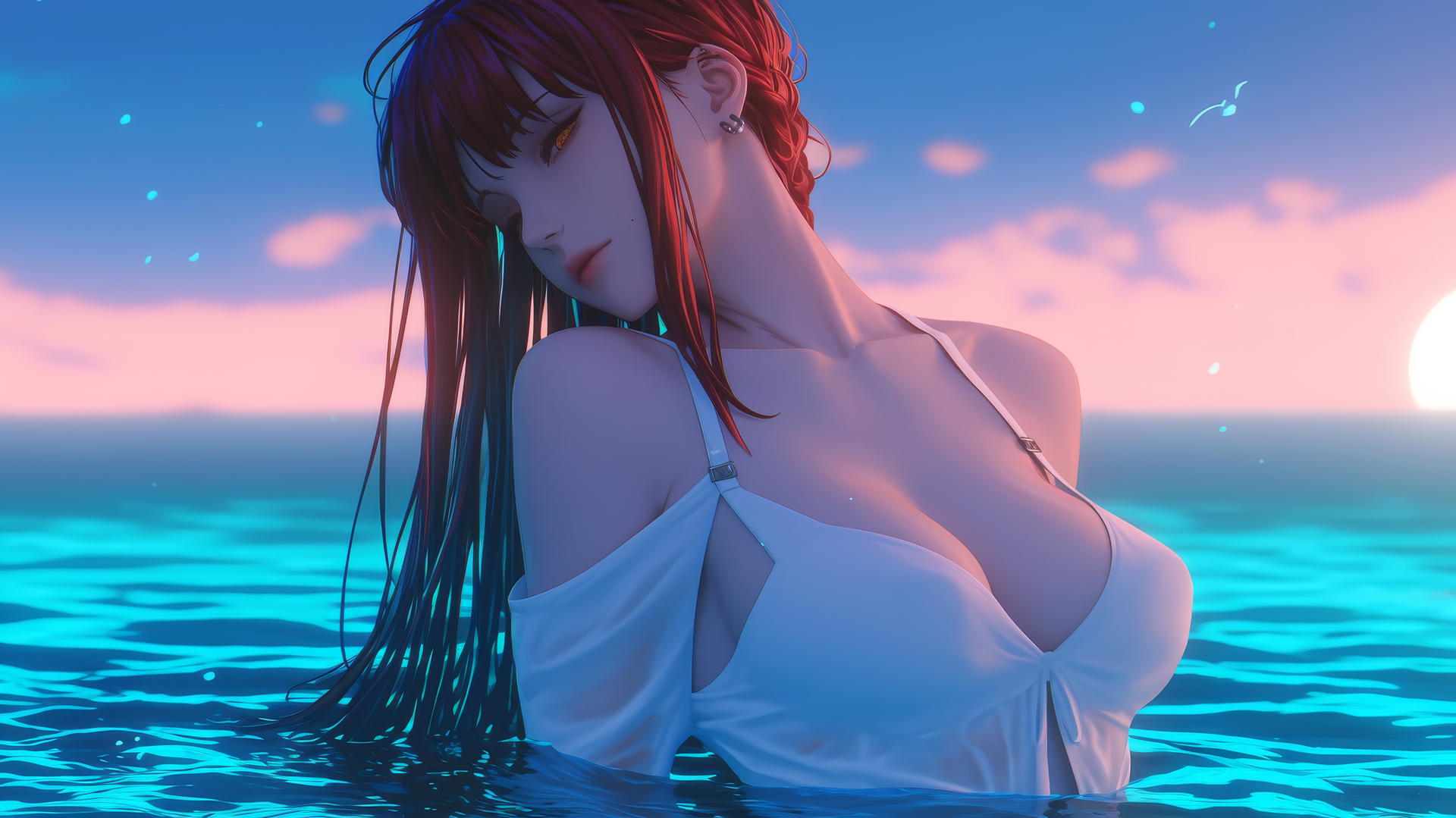 Makima from Chainsaw Man resting at sea during a neon pink sunset with soft neon light.