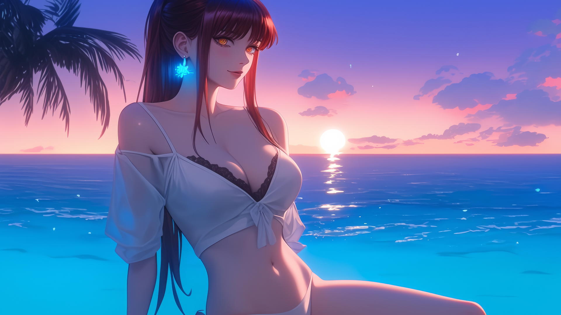 Makima from Chainsaw Man resting by the sea at sunset, with a neon pink sky and soft neon light.