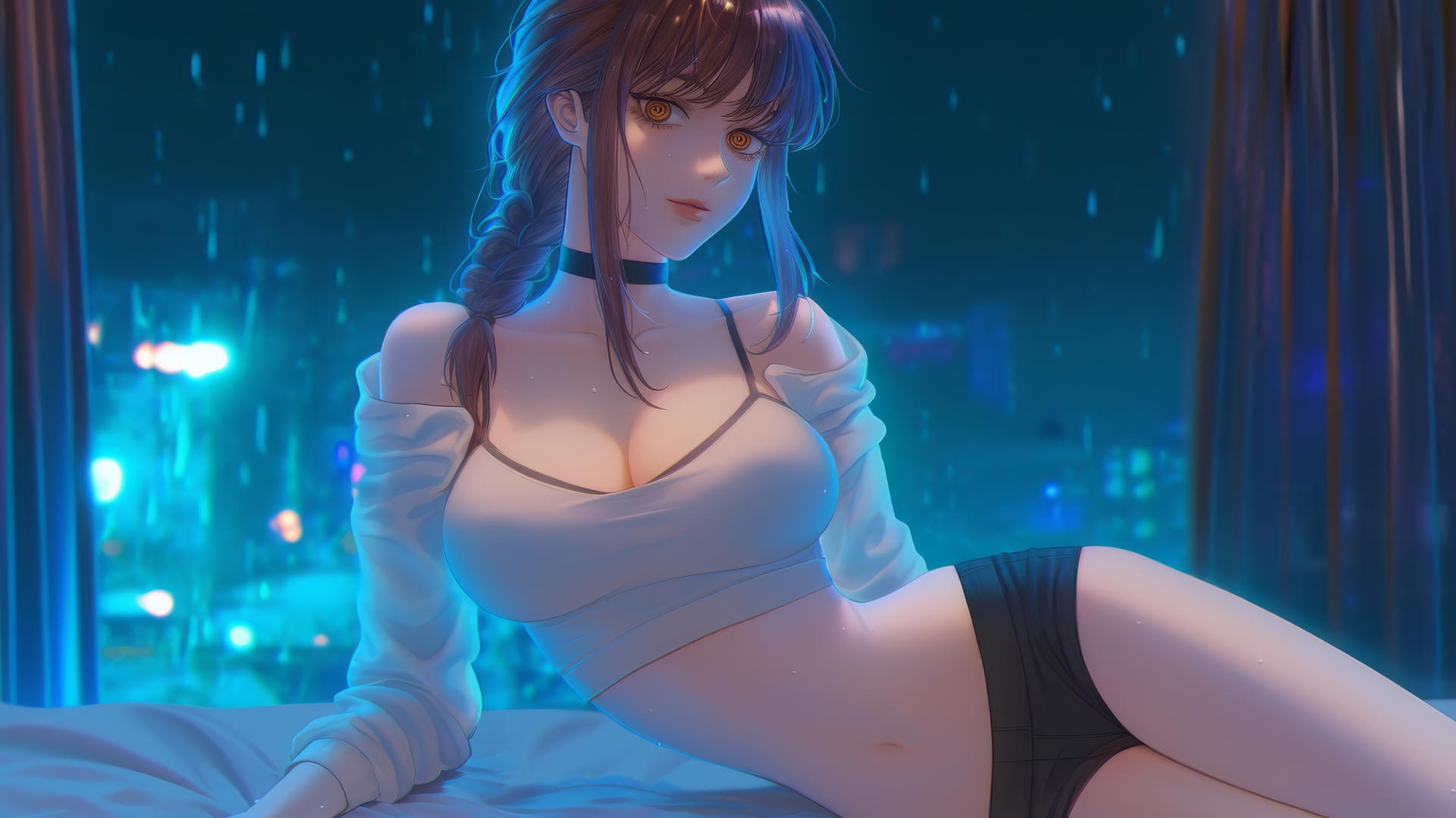 Makima from Chainsaw Man resting in a modern hotel room with a neon glow