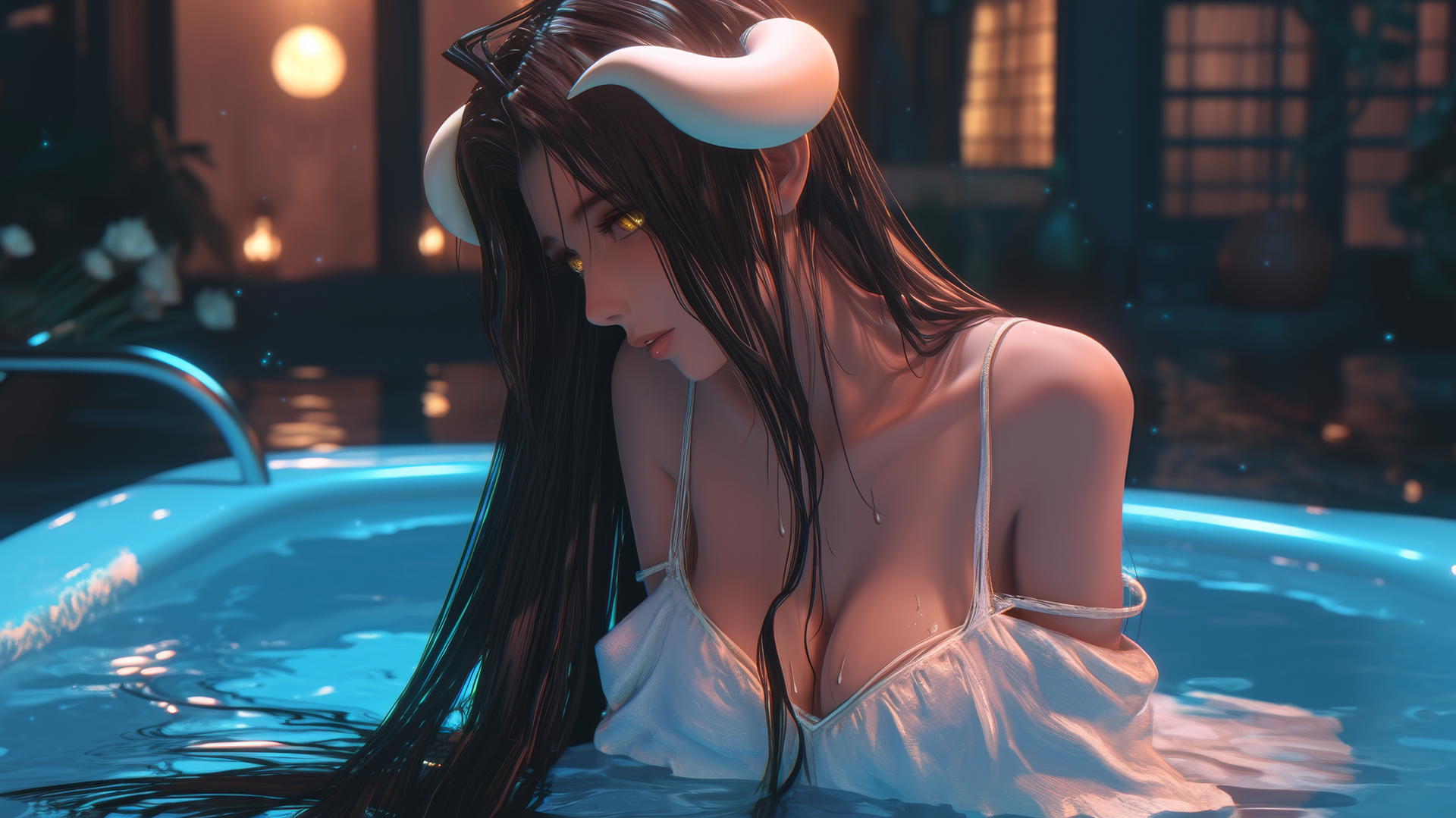 Albedo from Overlord in a modern hotel room with warm light