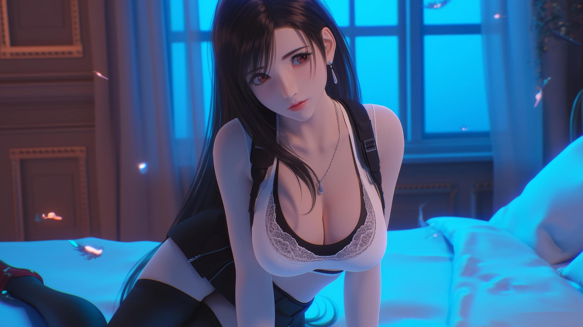 Tifa Lockhart kneeling underfoot, neon-lit modern hotel room