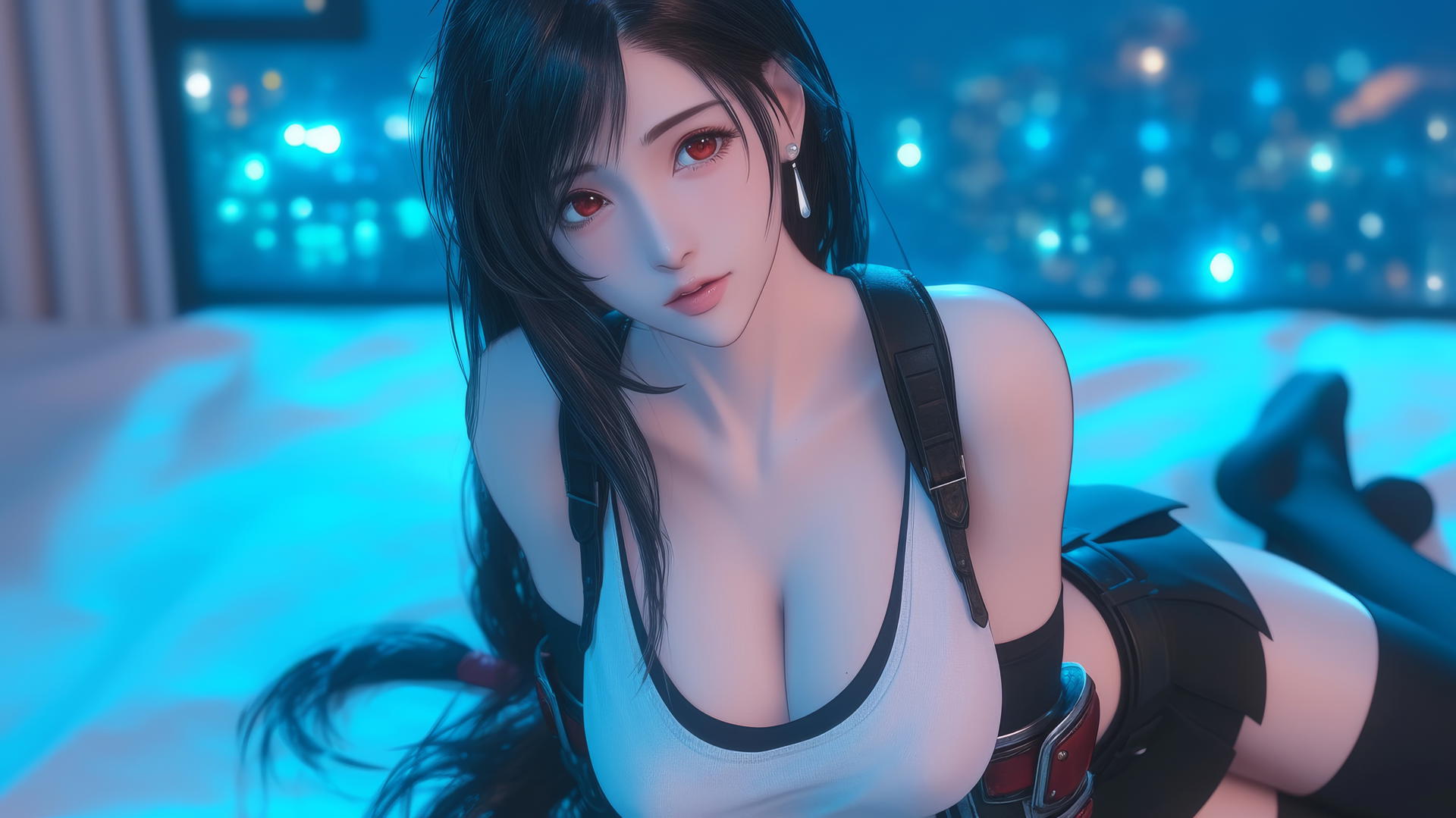 Tifa Lockhart kneeling underfoot with neon light in hotel room