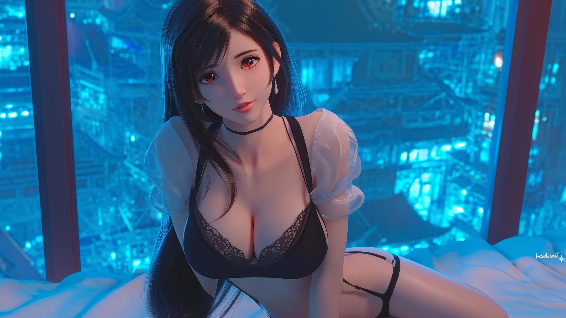 Tifa Lockhart kneeling underfoot in a neon-lit modern hotel room