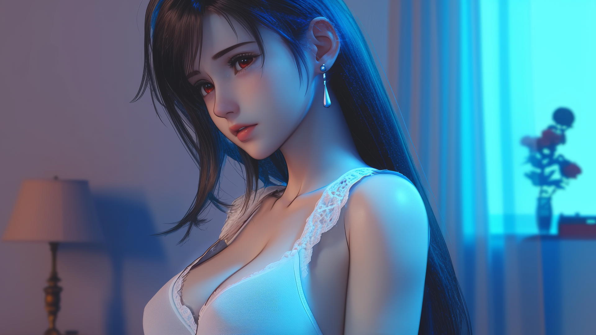 Tifa Lockhart with an intense look, in a white office shirt, under neon light.