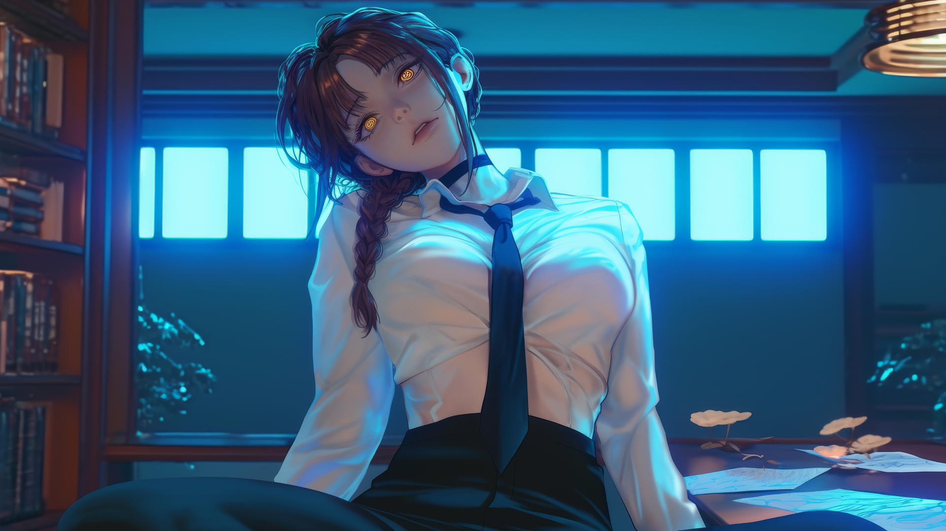 Makima from Chainsaw Man kneeling, looking down, neon hotel light glow