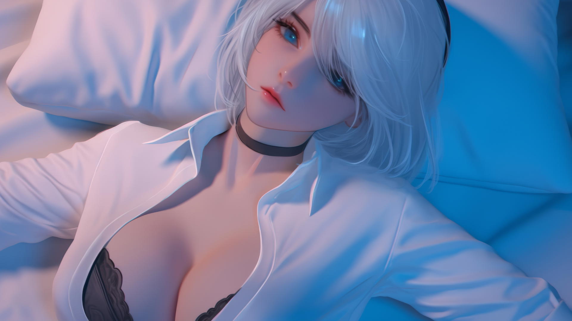 2B from Nier in a modern hotel room with neon light, wearing a white shirt and black blindfold.