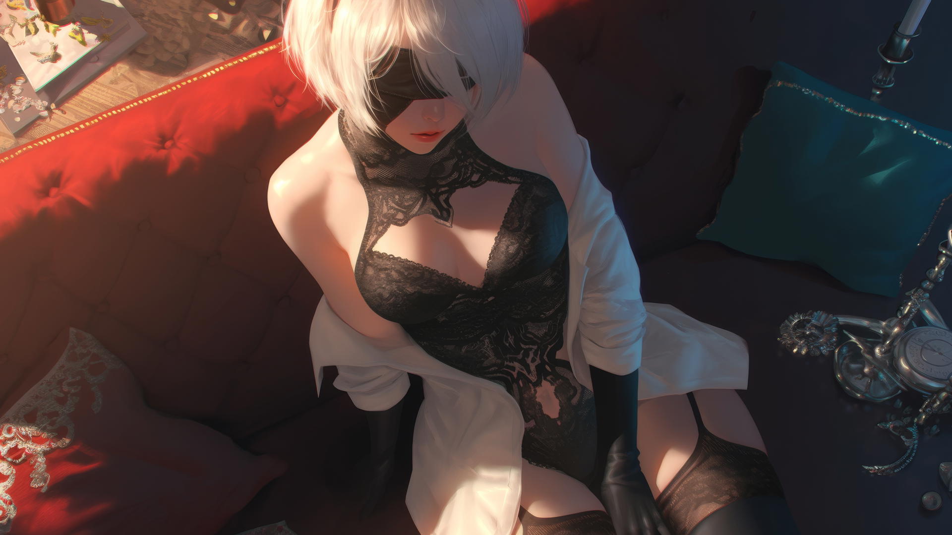 2B from Nier kneeling in white office shirt, looking up, with black blindfold and neon hotel light glow