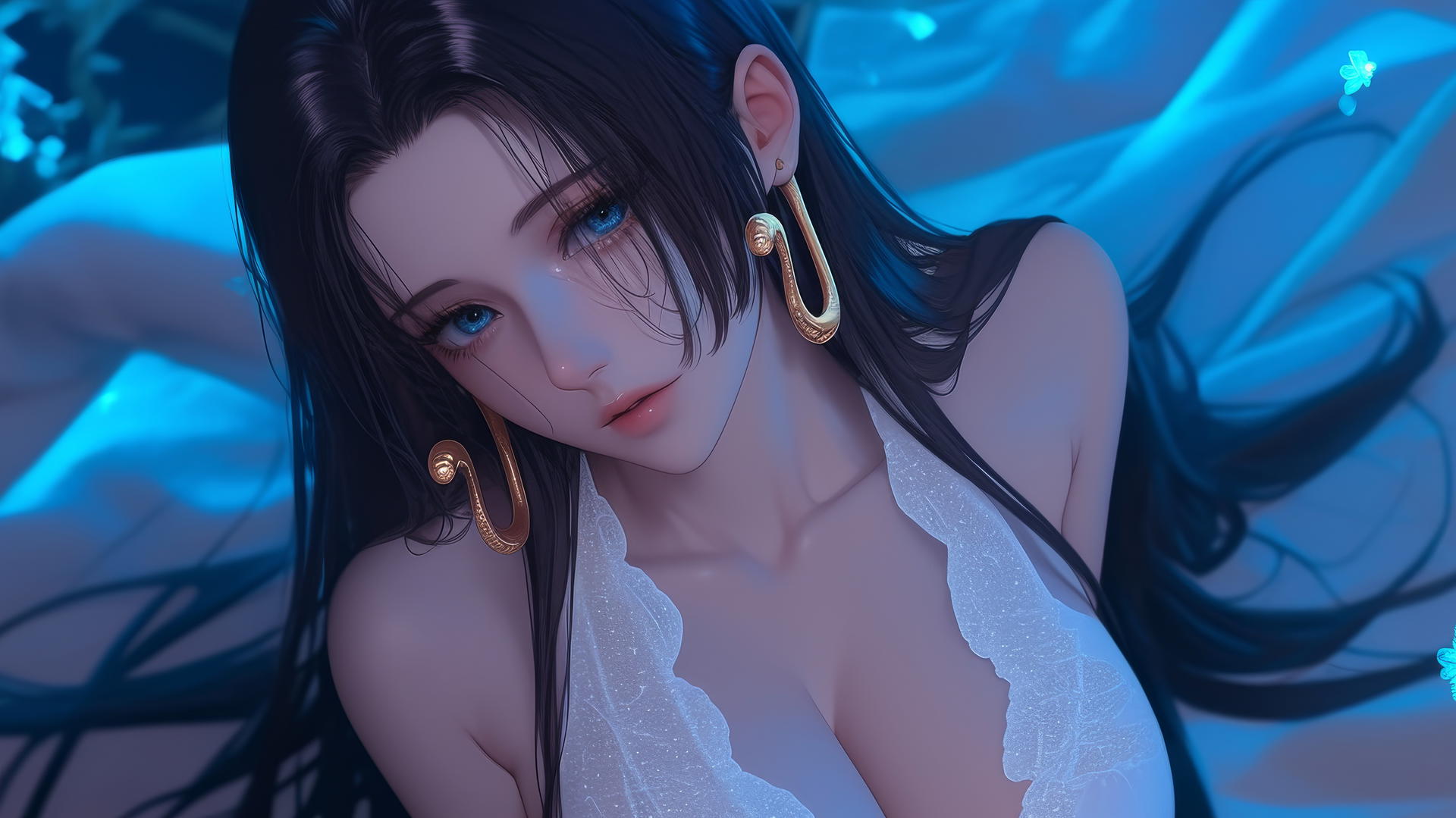 Boa Hancock kneeling, wearing an eye mask, neon-lit modern hotel room