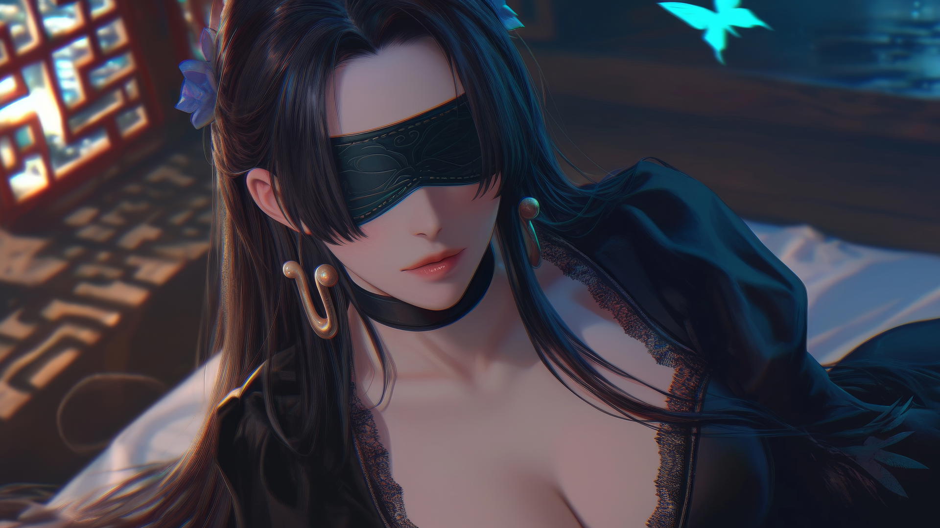 Boa Hancock kneeling with black blindfold in neon-lit hotel room