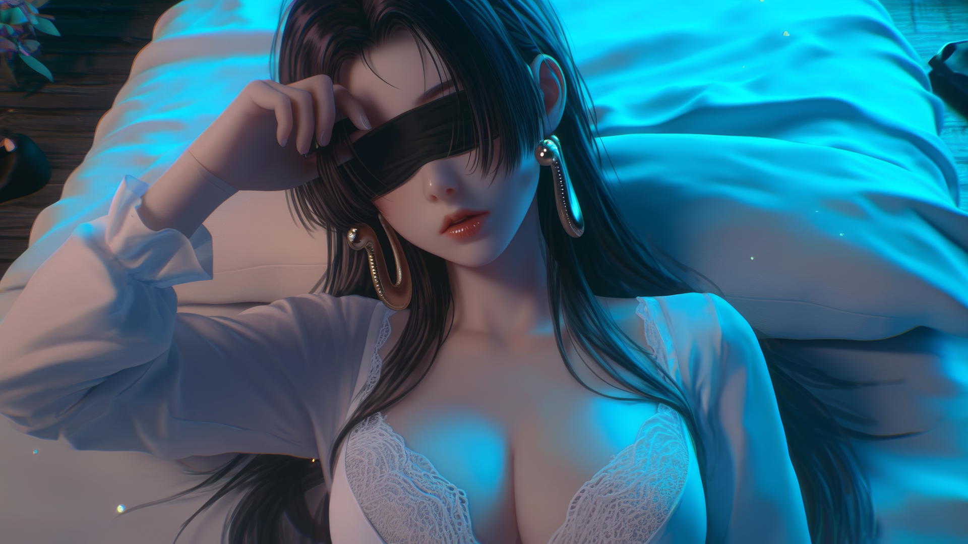 Boa Hancock kneeling blindfolded in neon-lit modern hotel room