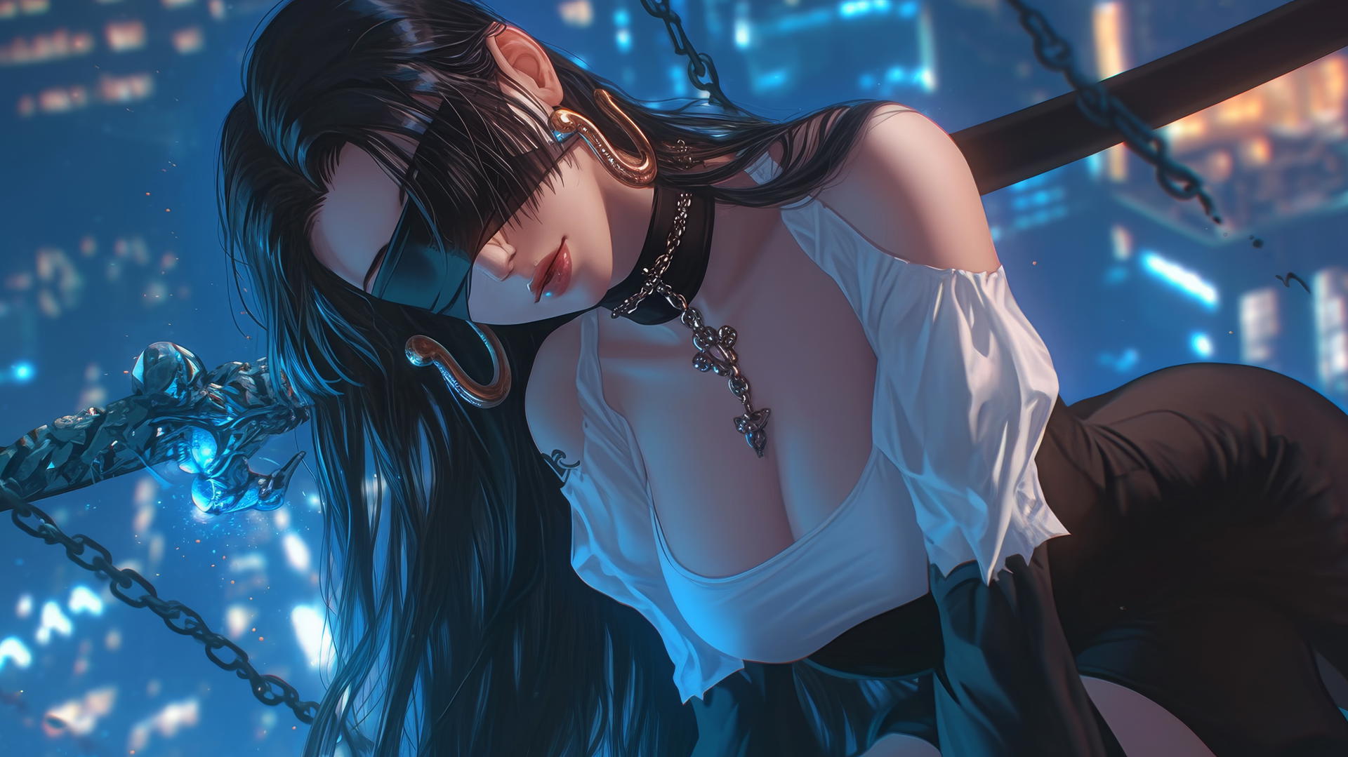 Boa Hancock kneeling with a blindfold, neon-lit hotel room ambiance