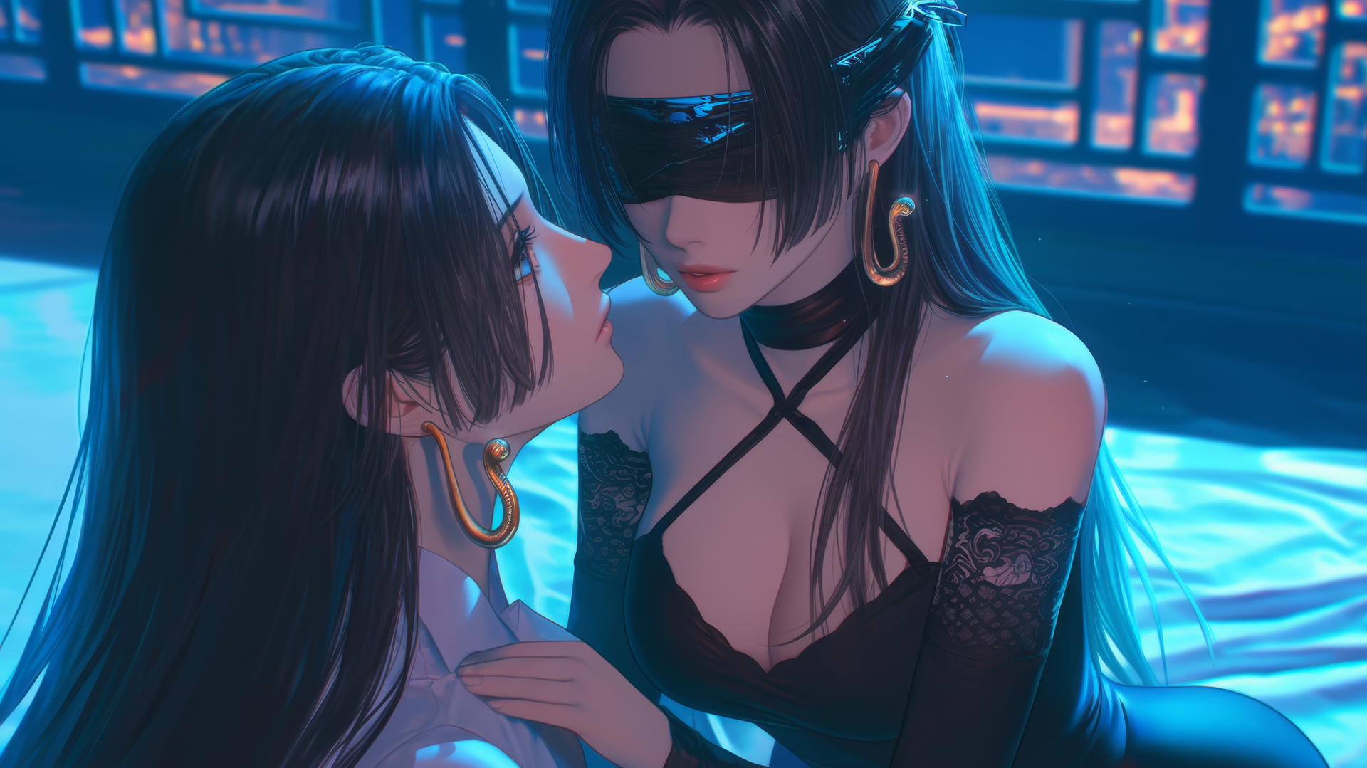 Boa Hancock kneeling in a modern hotel room with neon light and blindfold.